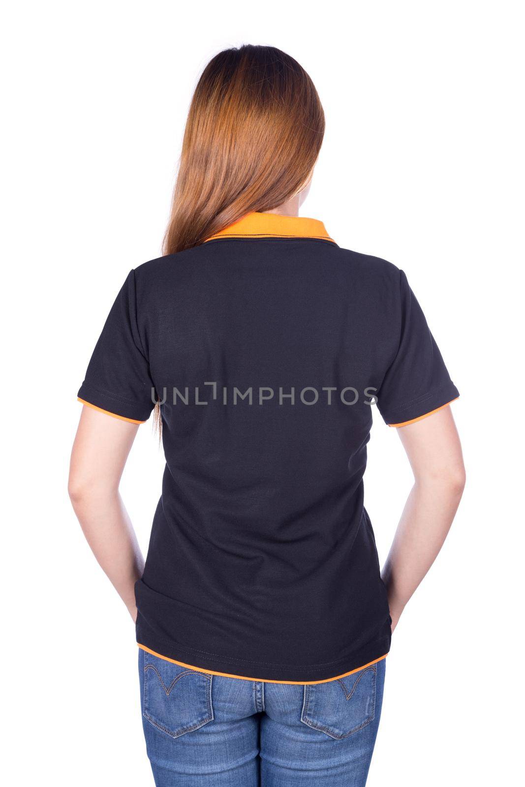 woman in black polo shirt isolated on white background (back side) by geargodz