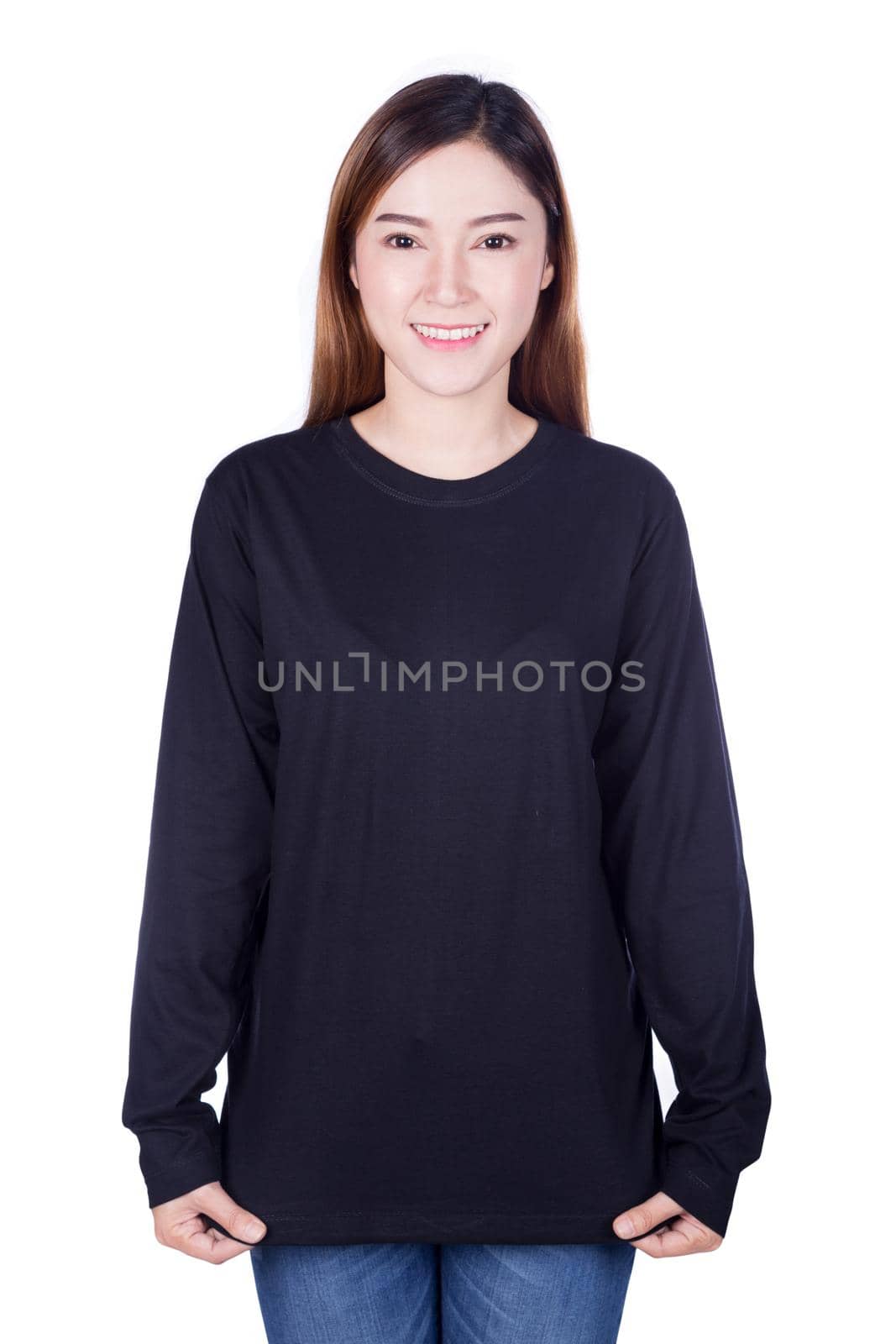 woman in black long sleeve t-shirt isolated on a white background by geargodz