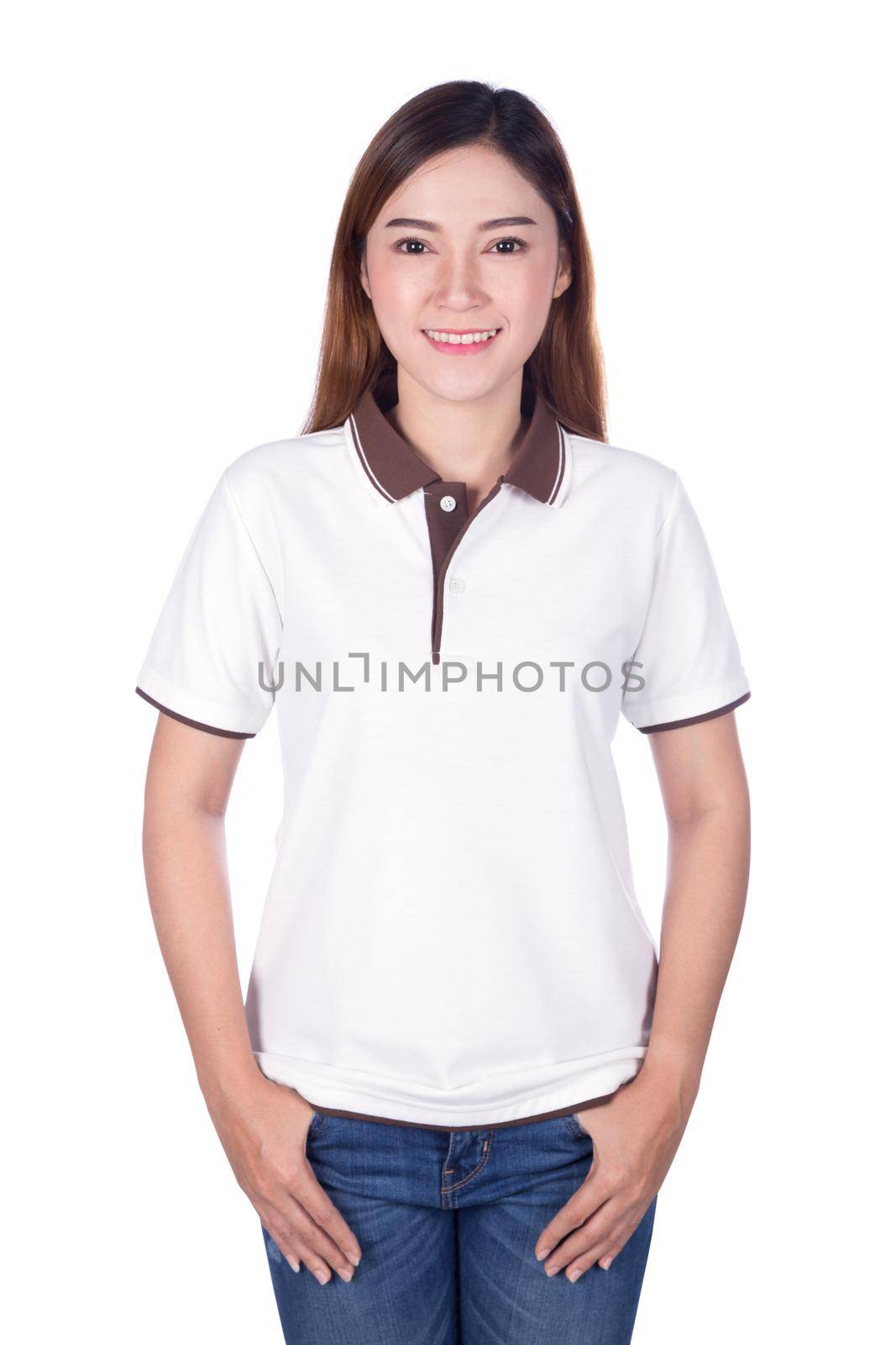 happy woman in white polo shirt isolated on white background