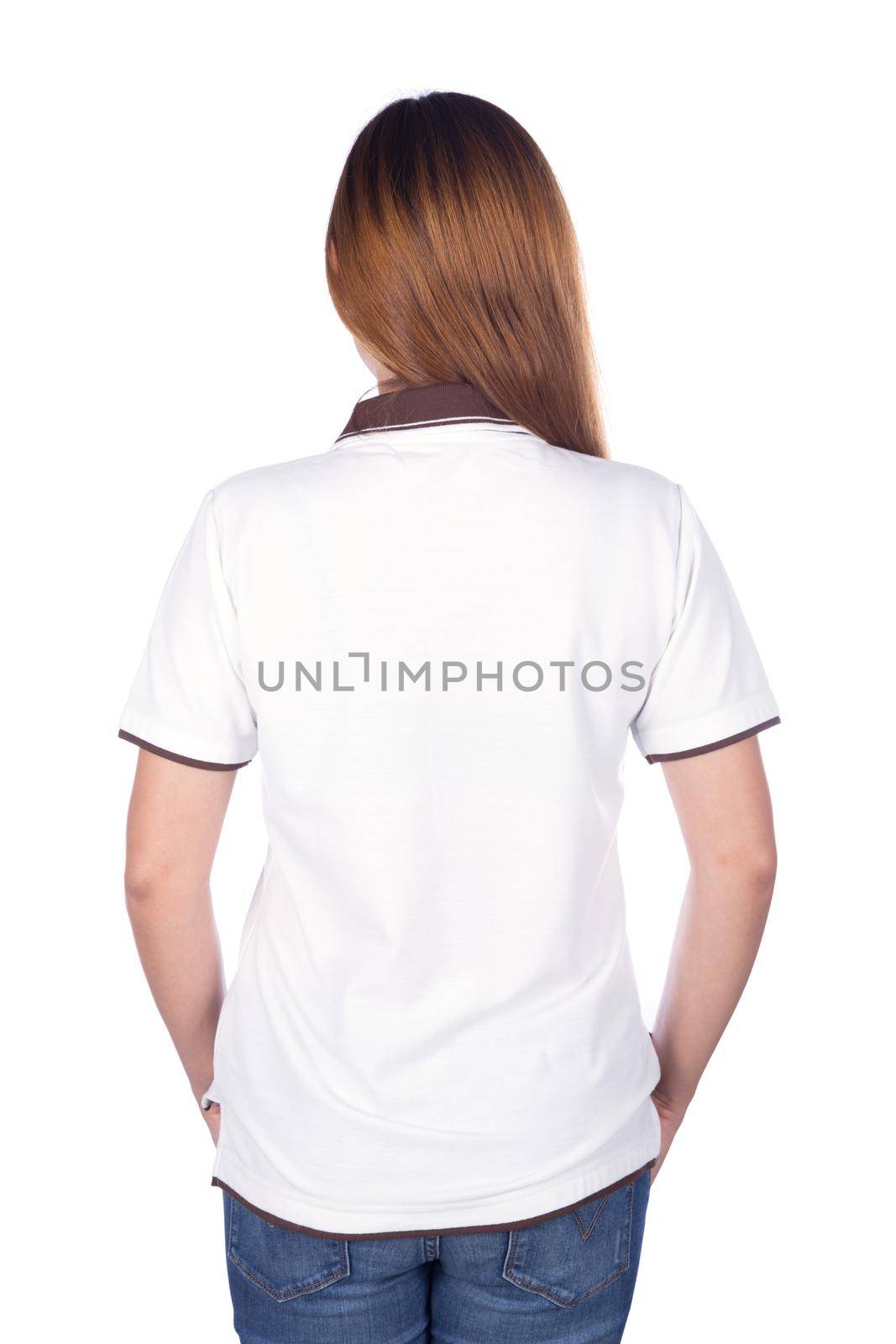 woman in white polo shirt isolated on a white background (back side)