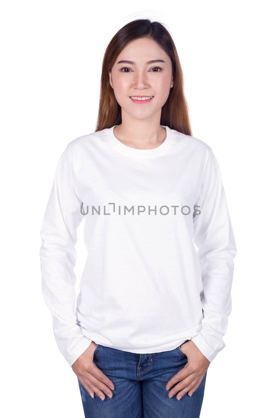 happy woman in white long sleeve t-shirt isolated on a white background
