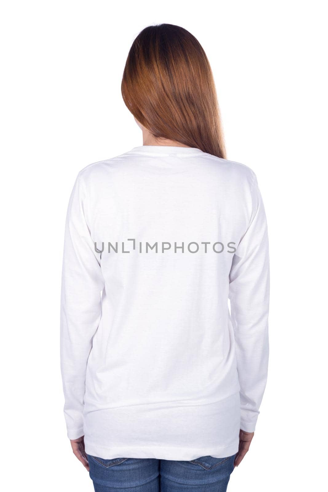 woman in white long sleeve t-shirt isolated on white background (back side) by geargodz