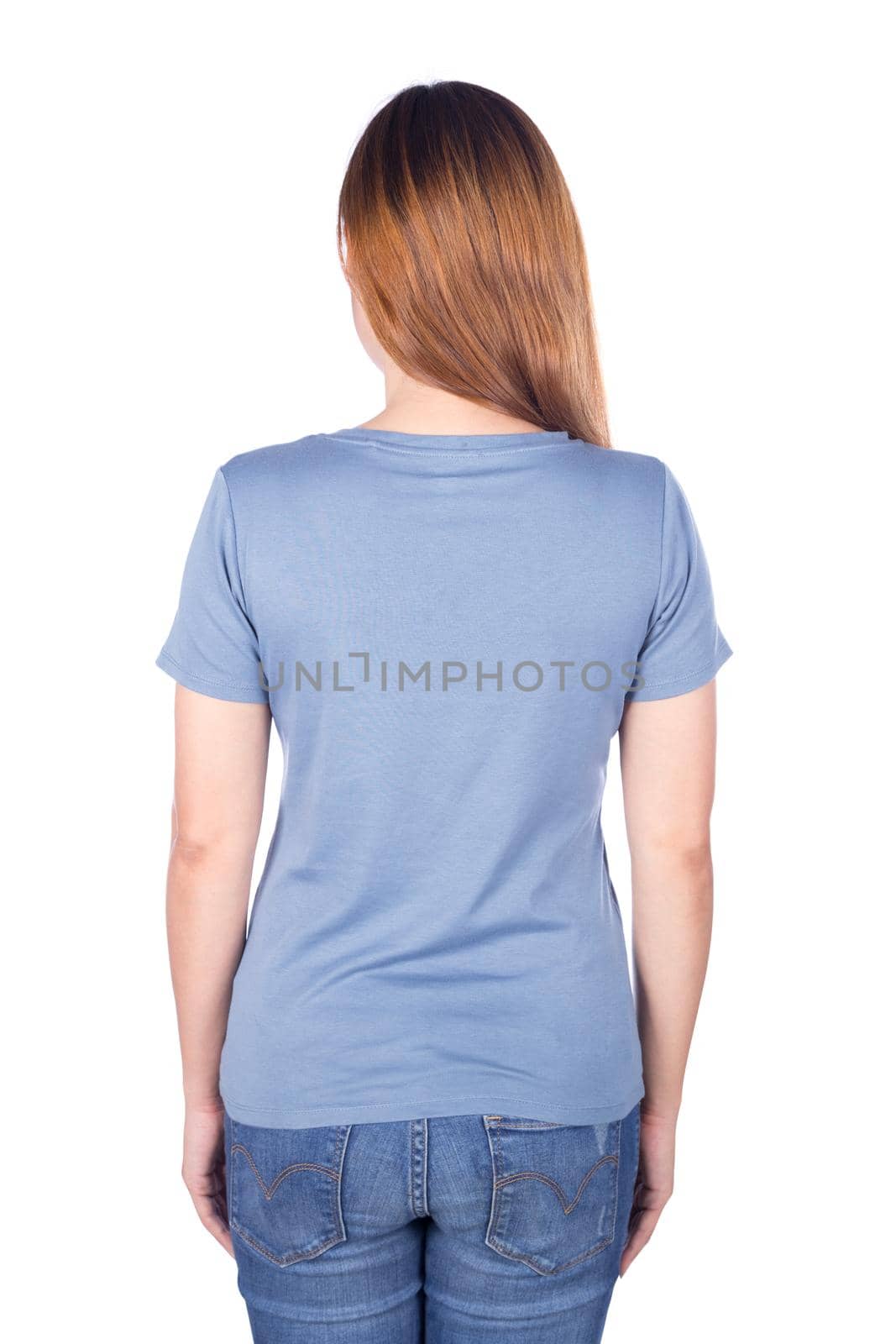 woman in blue t-shirt isolated on white background (back side) by geargodz