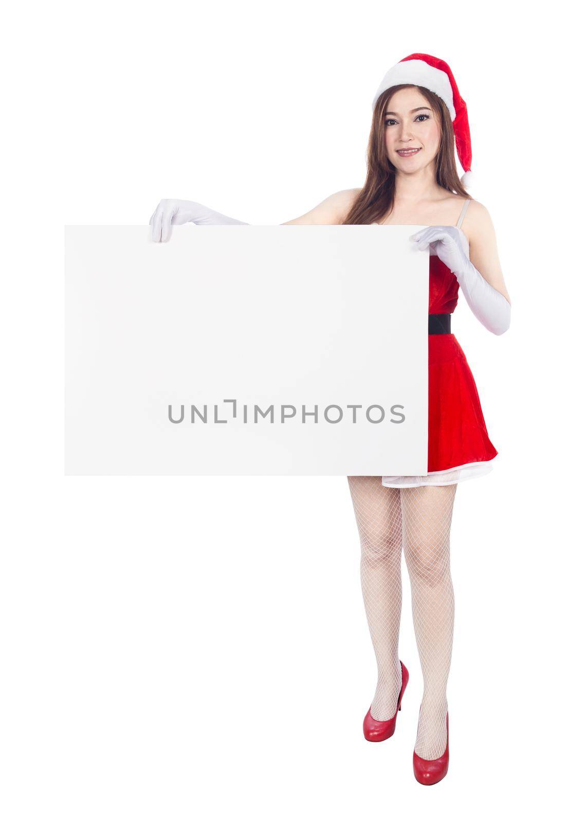 beautiful sexy woman wearing santa claus clothes with blank sign on white background by geargodz