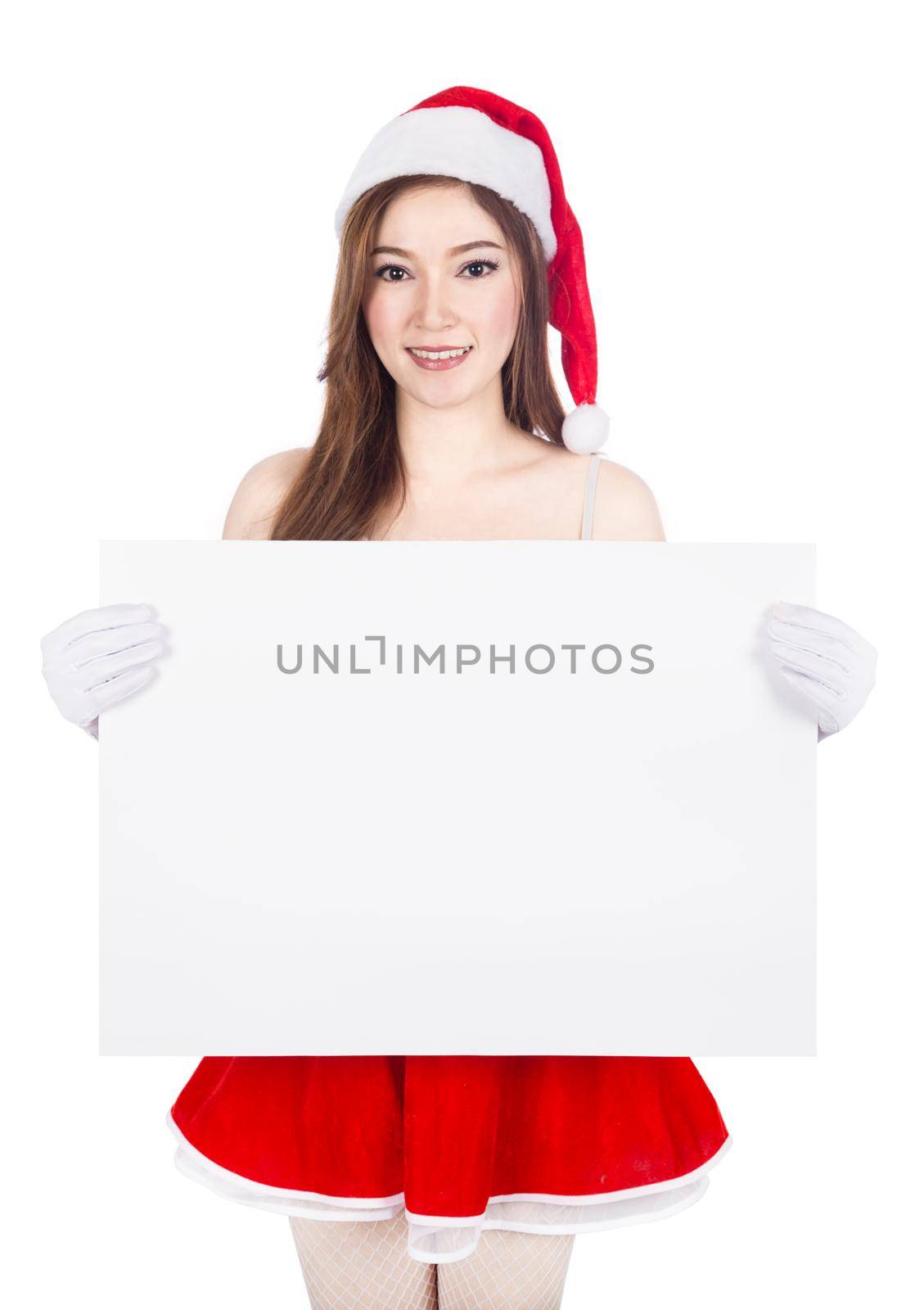 beautiful sexy woman wearing santa claus clothes with blank sign on white background by geargodz