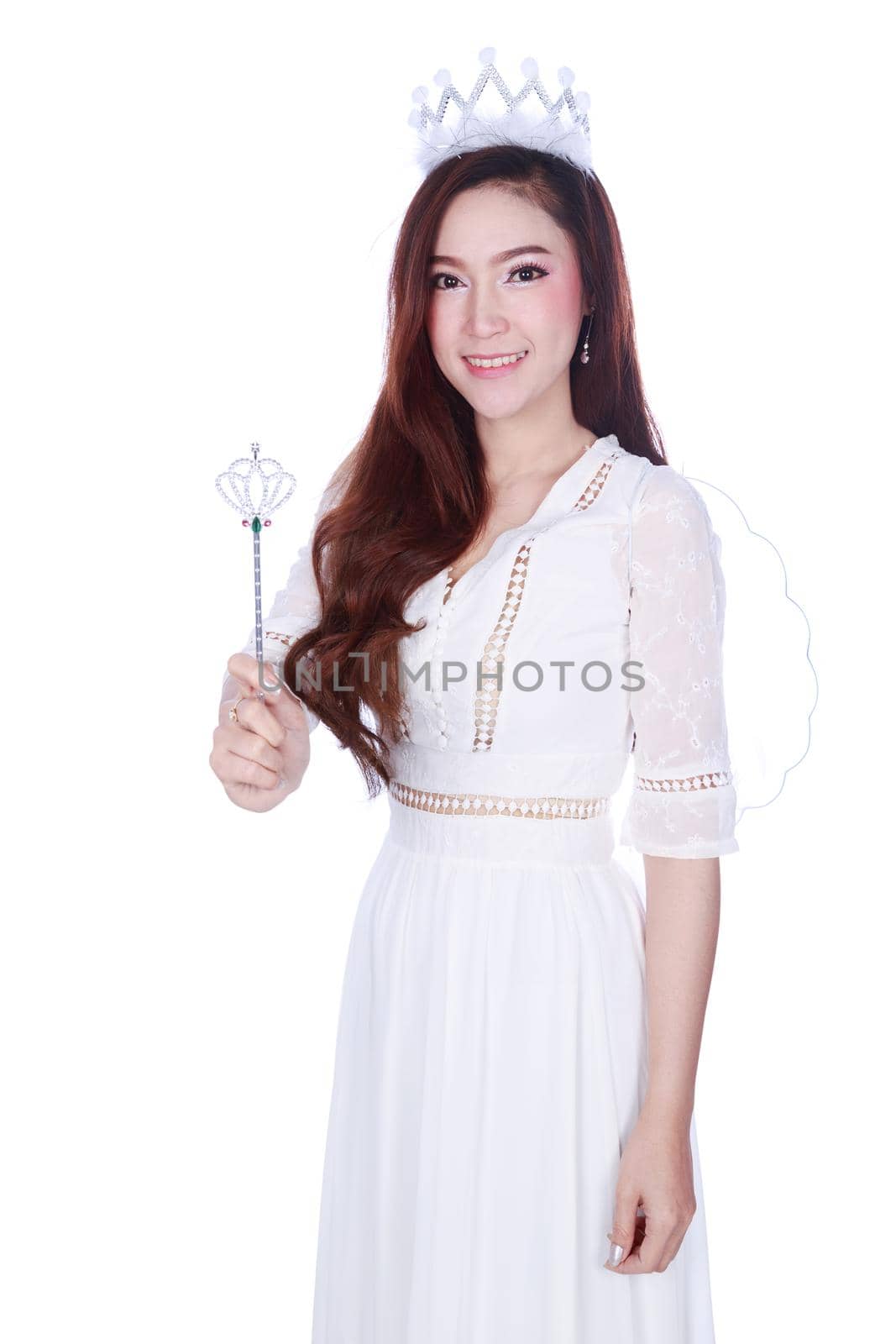 portrait of beautiful young woman angel isolated on a white background