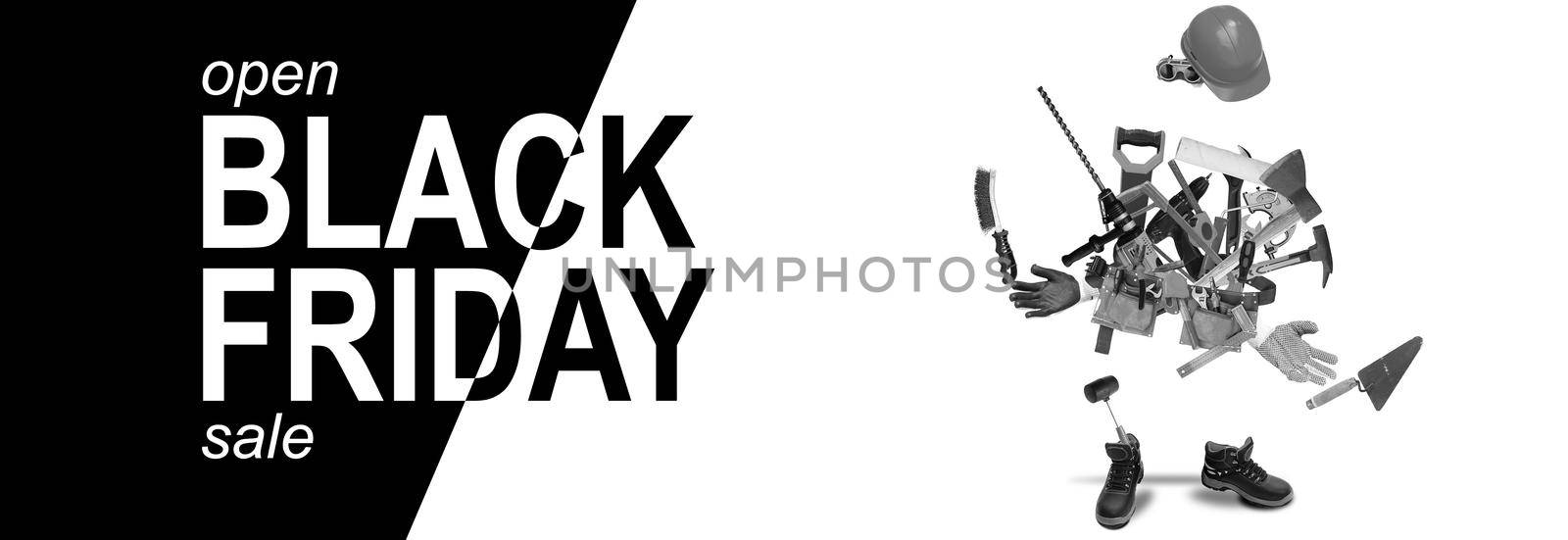 Black Friday in tool shop. Many tolls on black and white background text black friday by Andelov13