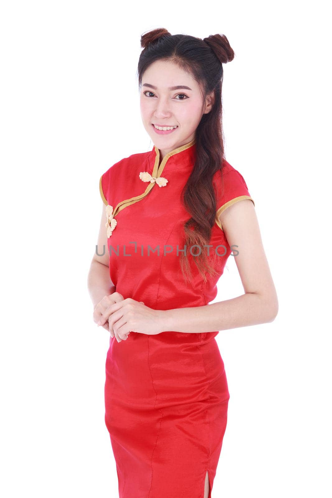 beautiful woman wear red cheongsam in concept of happy chinese new year isolated on white background