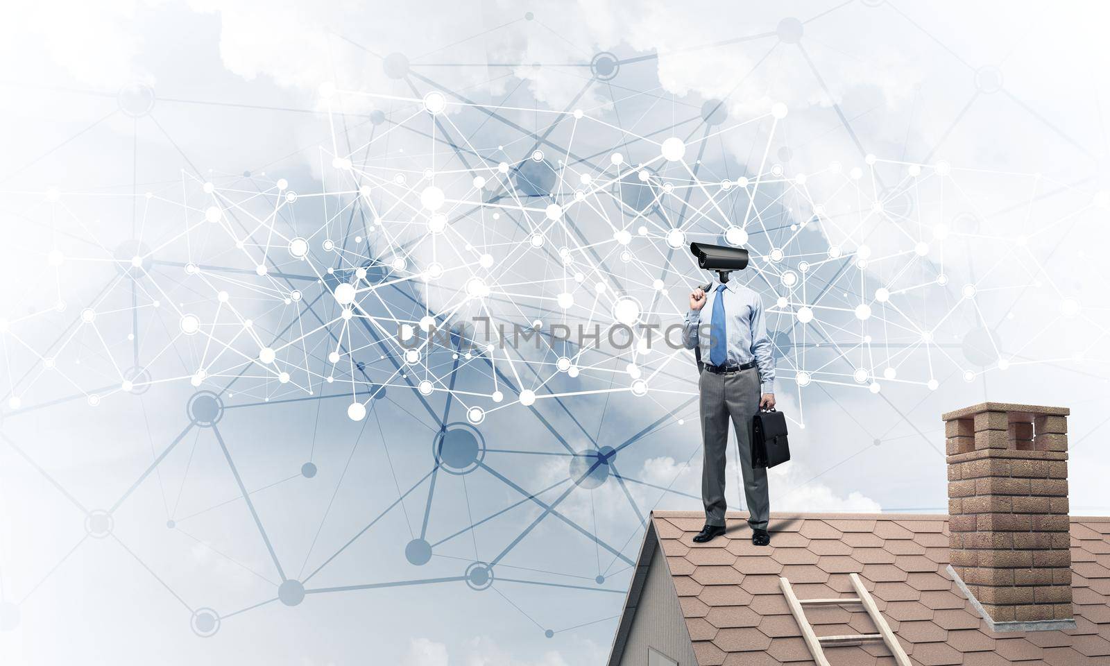 Faceless businessman with camera zoom instead of head standing on house roof
