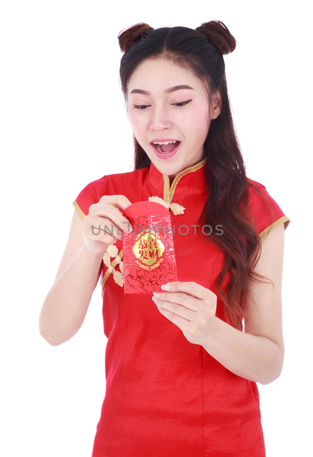 beautiful woman wear cheongsam and holding red envelope in concept of happy chinese new year isolated on white background