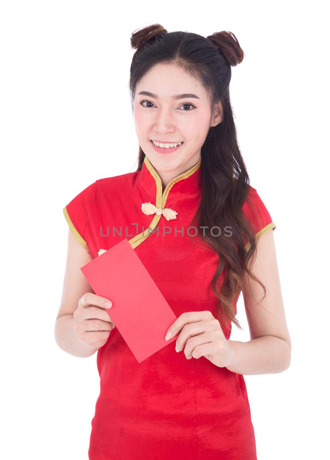 beautiful woman wear cheongsam and holding red envelope in concept of happy chinese new year isolated on white background