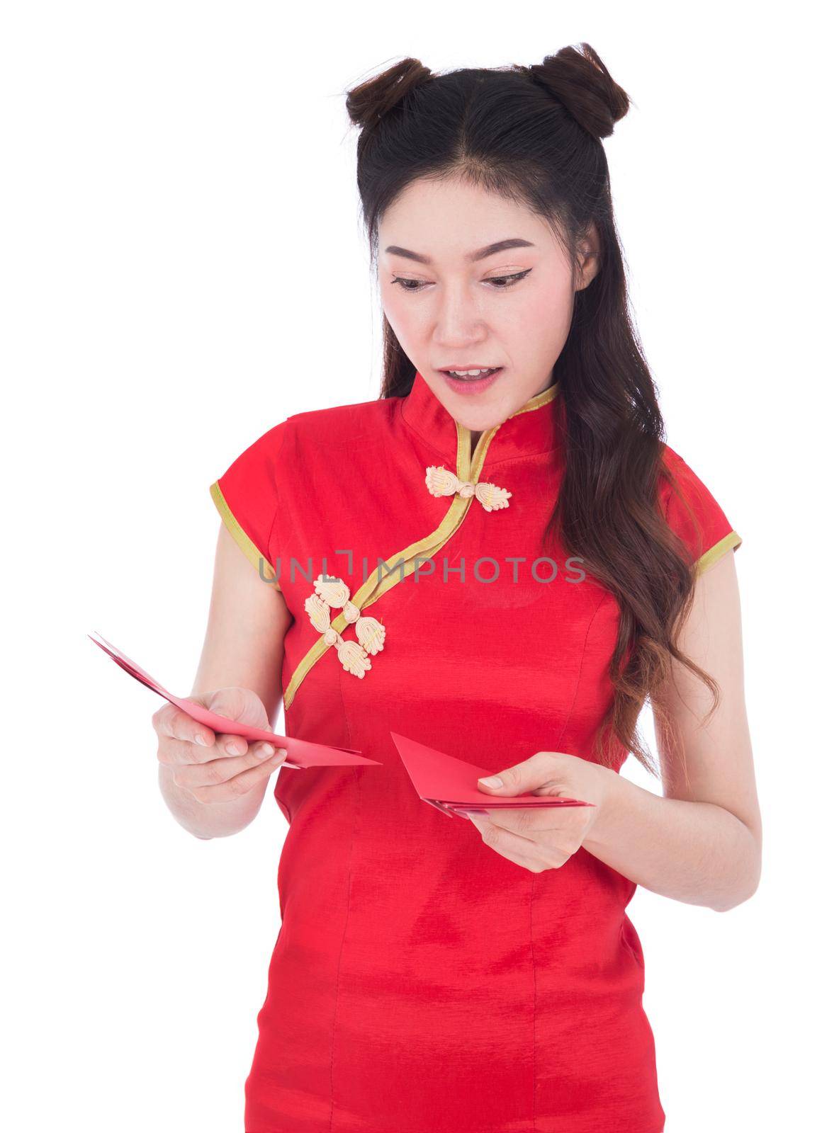 woman wear cheongsam and holding red envelope in concept of happy chinese new year isolated on white background by geargodz