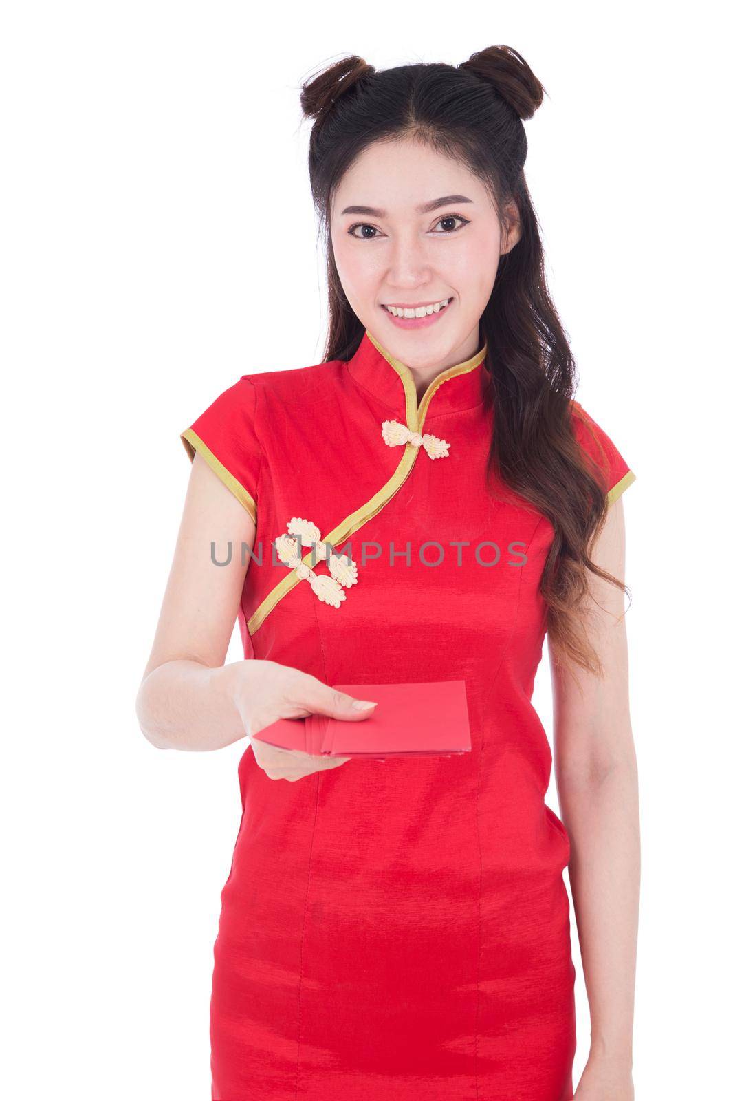 beautiful woman wearing cheongsam or qipao giving red envelopes in concept of happy chinese new year isolated on white background