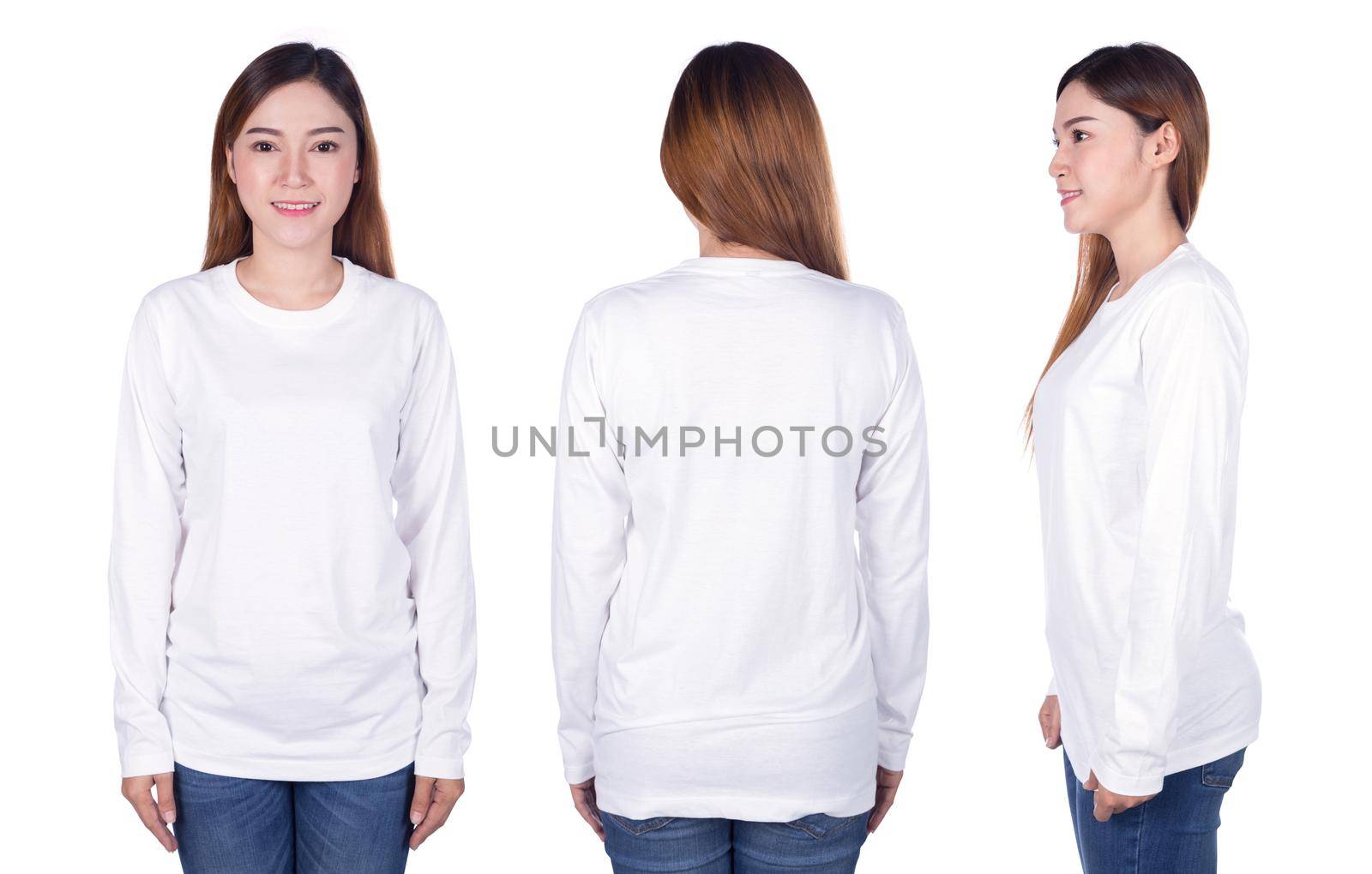 woman in white long sleeve t-shirt isolated on a white background