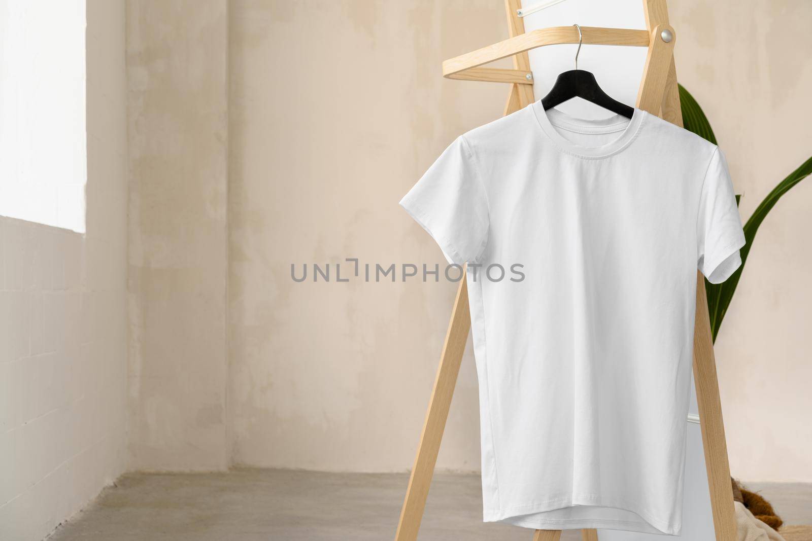 Plain white cotton t-shirt on hanger for your design, copy space
