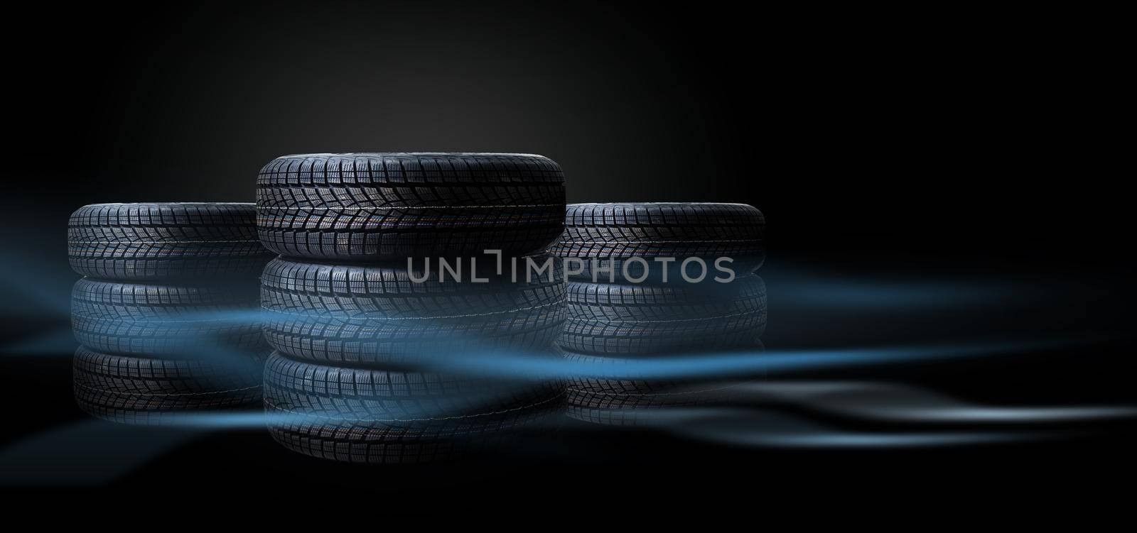 four black tires isolated on white background