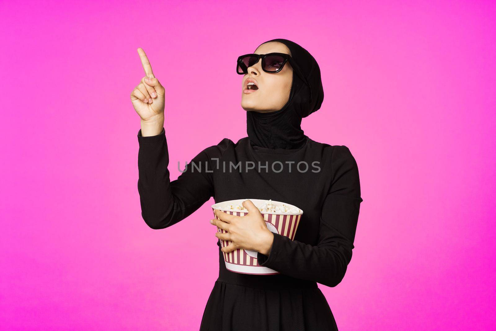 cheerful woman attractive look popcorn glasses movie watching isolated background. High quality photo