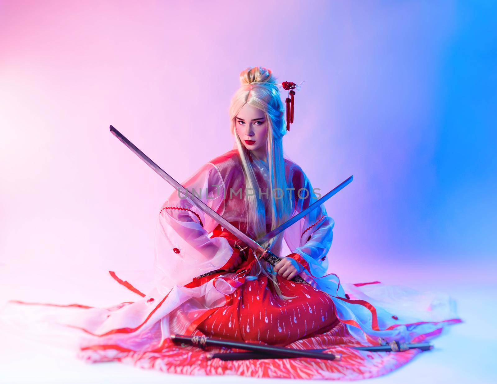 a woman dressed as a geisha with a katana by Rotozey