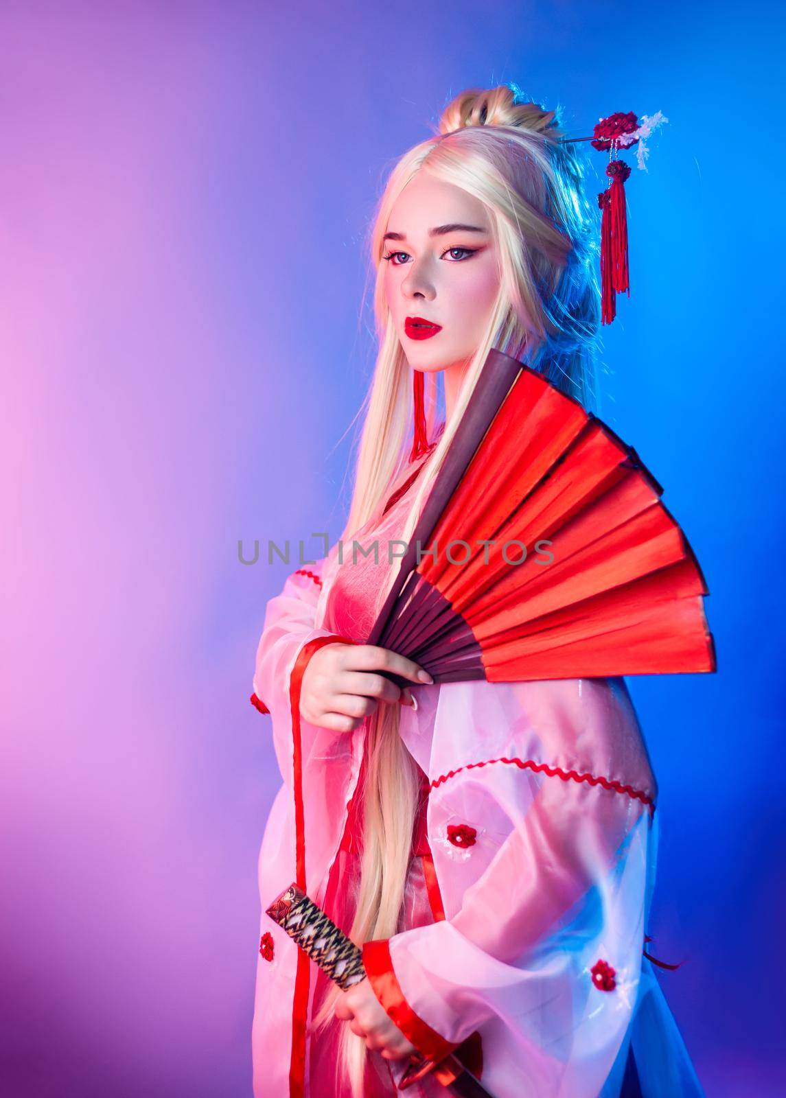 a woman in a geisha costume with a katana and a fan by Rotozey