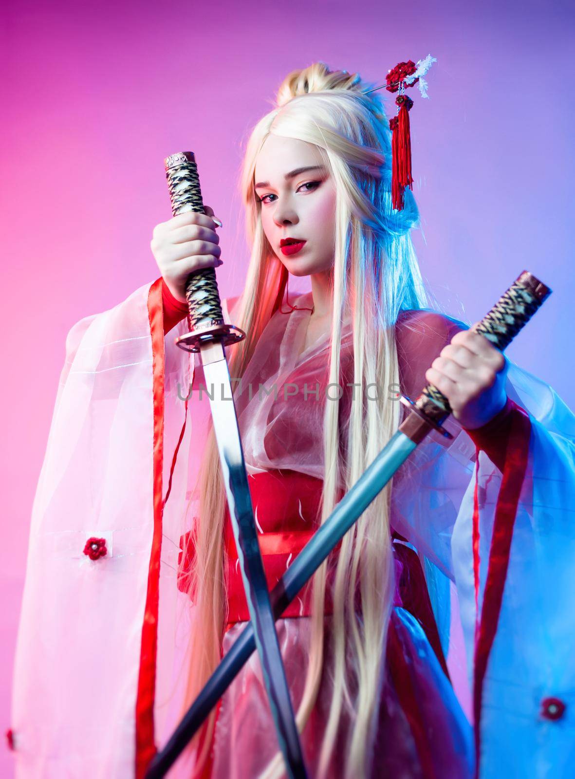 a woman dressed as a geisha with a katana by Rotozey