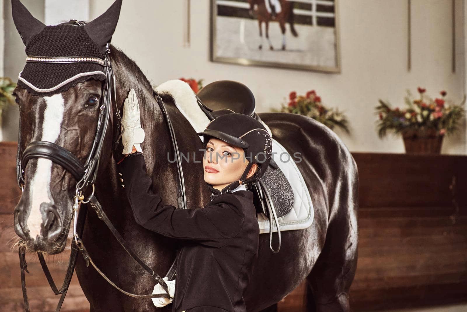 woman jockey with his horse in uniform for Dressage. close up