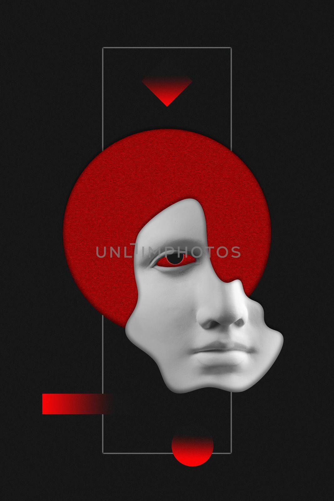 Antique sculpture of woman face surreal collage in pop art style. Modern image with cut details of statue head. Red eyes. Dark concept. Zine culture. Contemporary art poster. Funky retro minimalism. by bashta