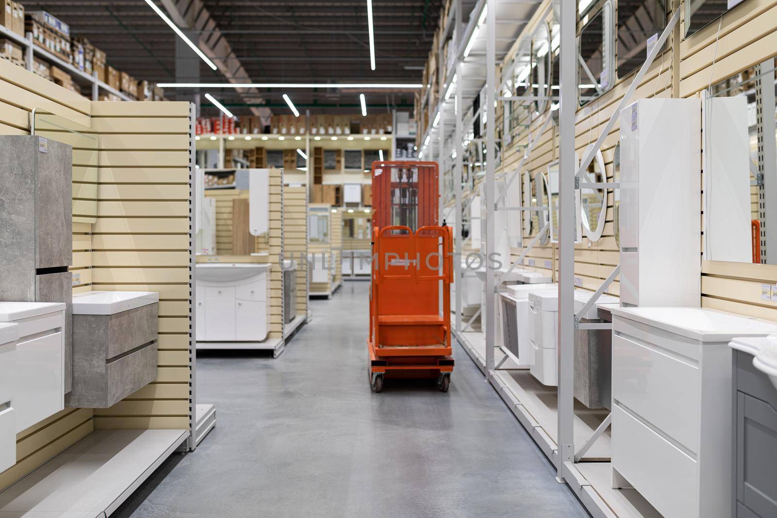 MINSK, BELARUS - April 01, 2020: bathroom furniture store with a wide range of mirrors, cabinets and washbasins.