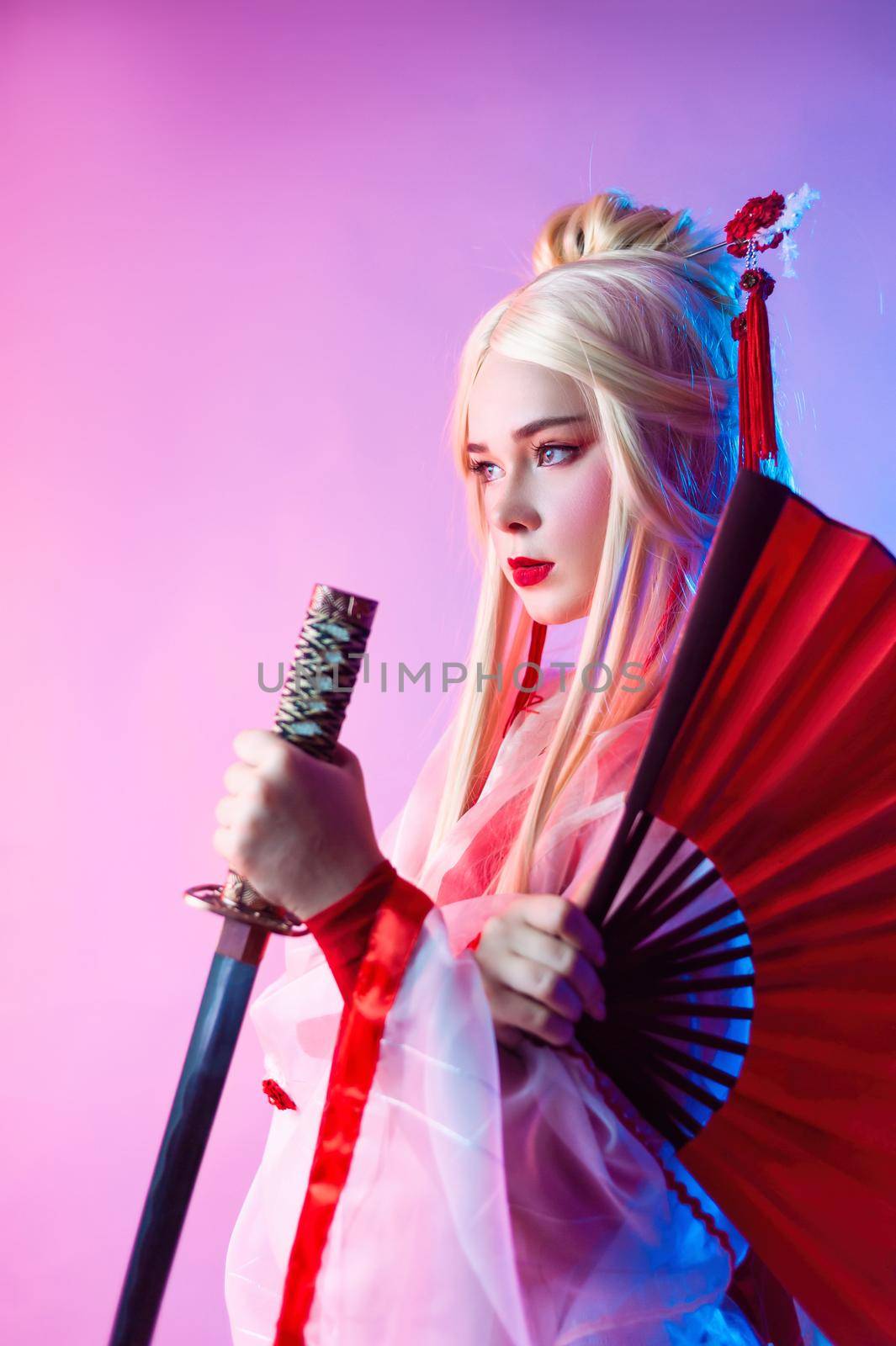 a woman in a geisha costume with a katana and a fan by Rotozey