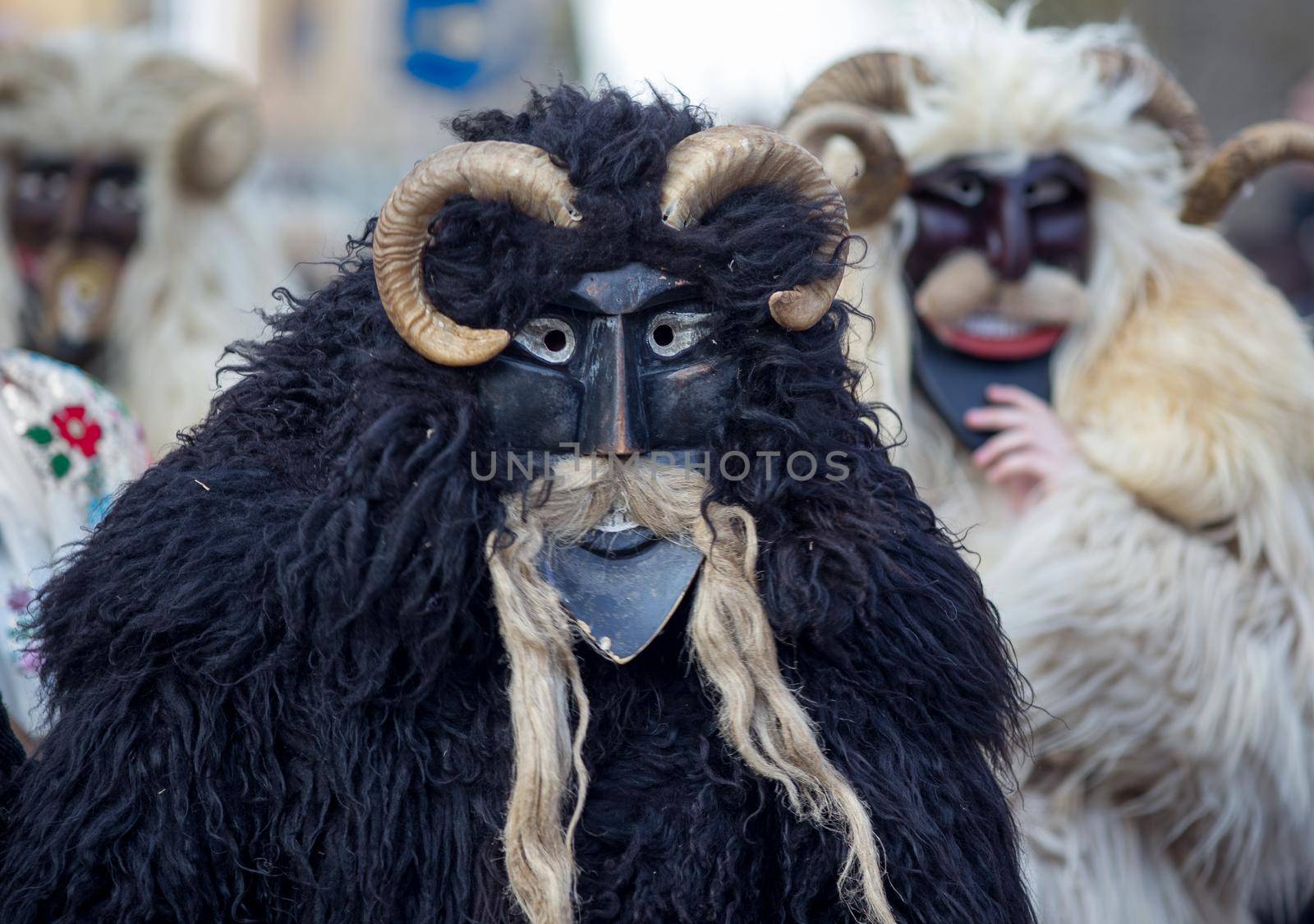 Traditional hungarian costumes at Busojaras carnival festival in Mohacs