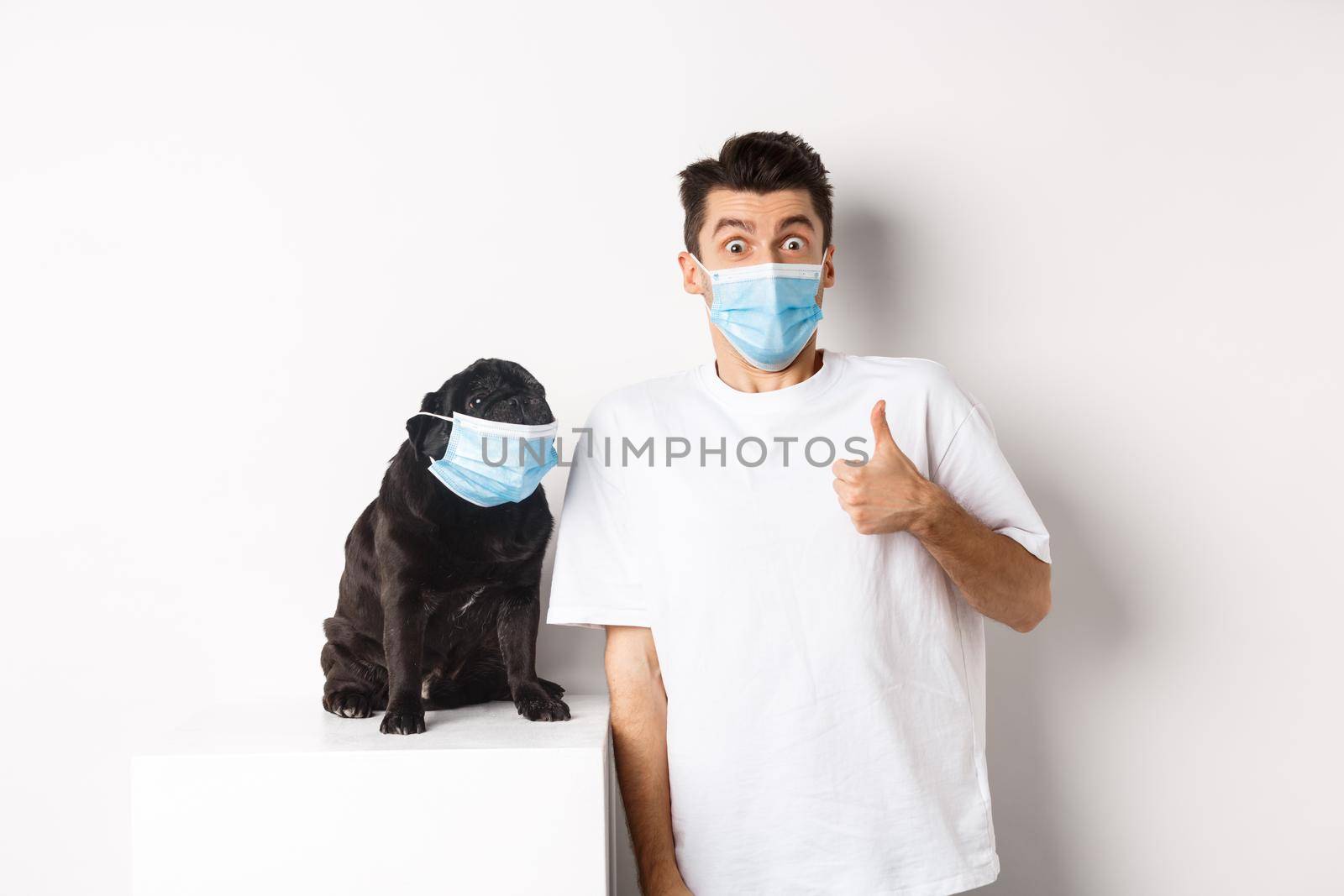 Covid-19, animals and quarantine concept. Image of funny young man and small dog in medical masks, owner showing thumb up in approval or like, white background by Benzoix