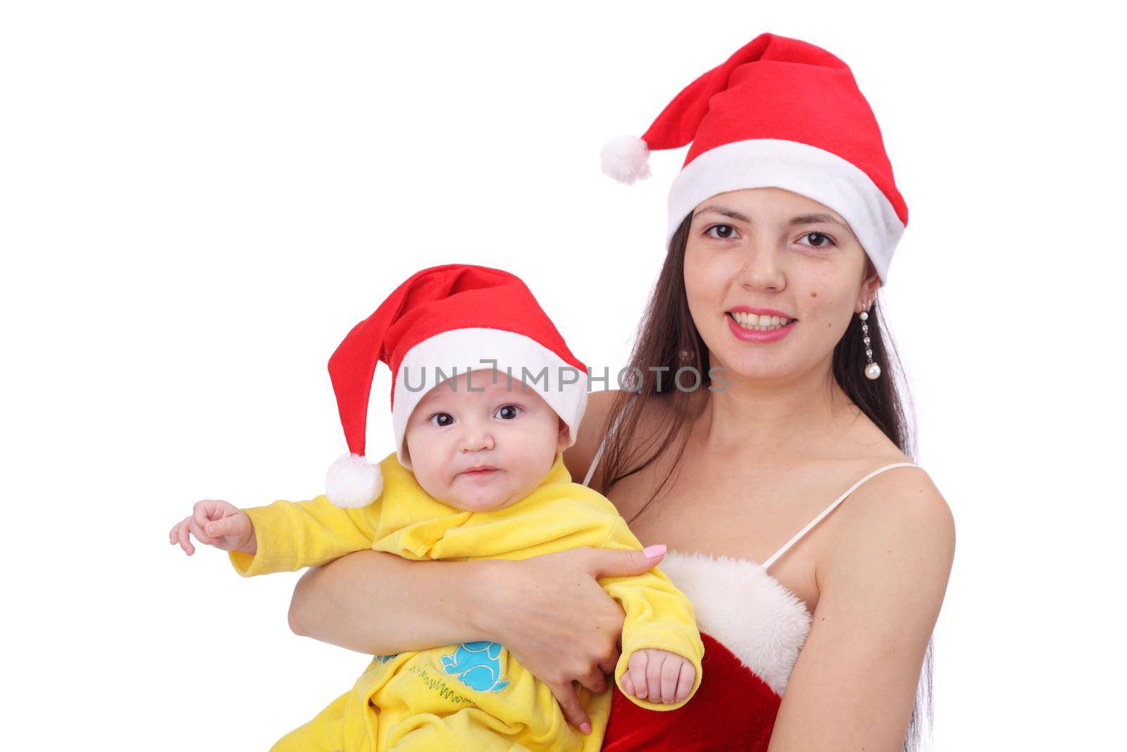 pretty young Snow Maiden with her cute little Christmas baby
