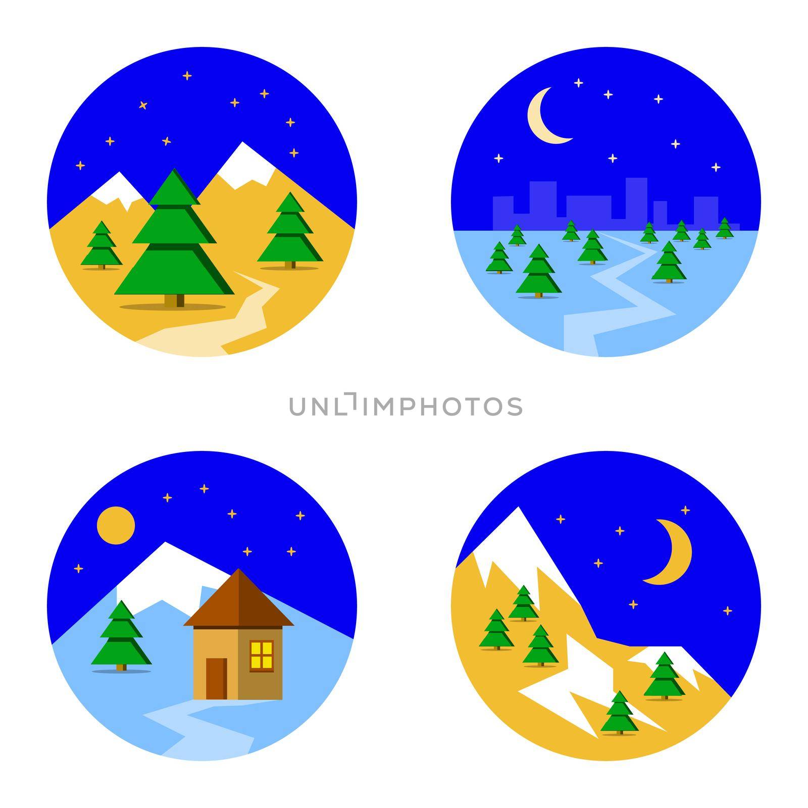 Set with pictures of ski landscape in mountains with snow and trees night in flat style