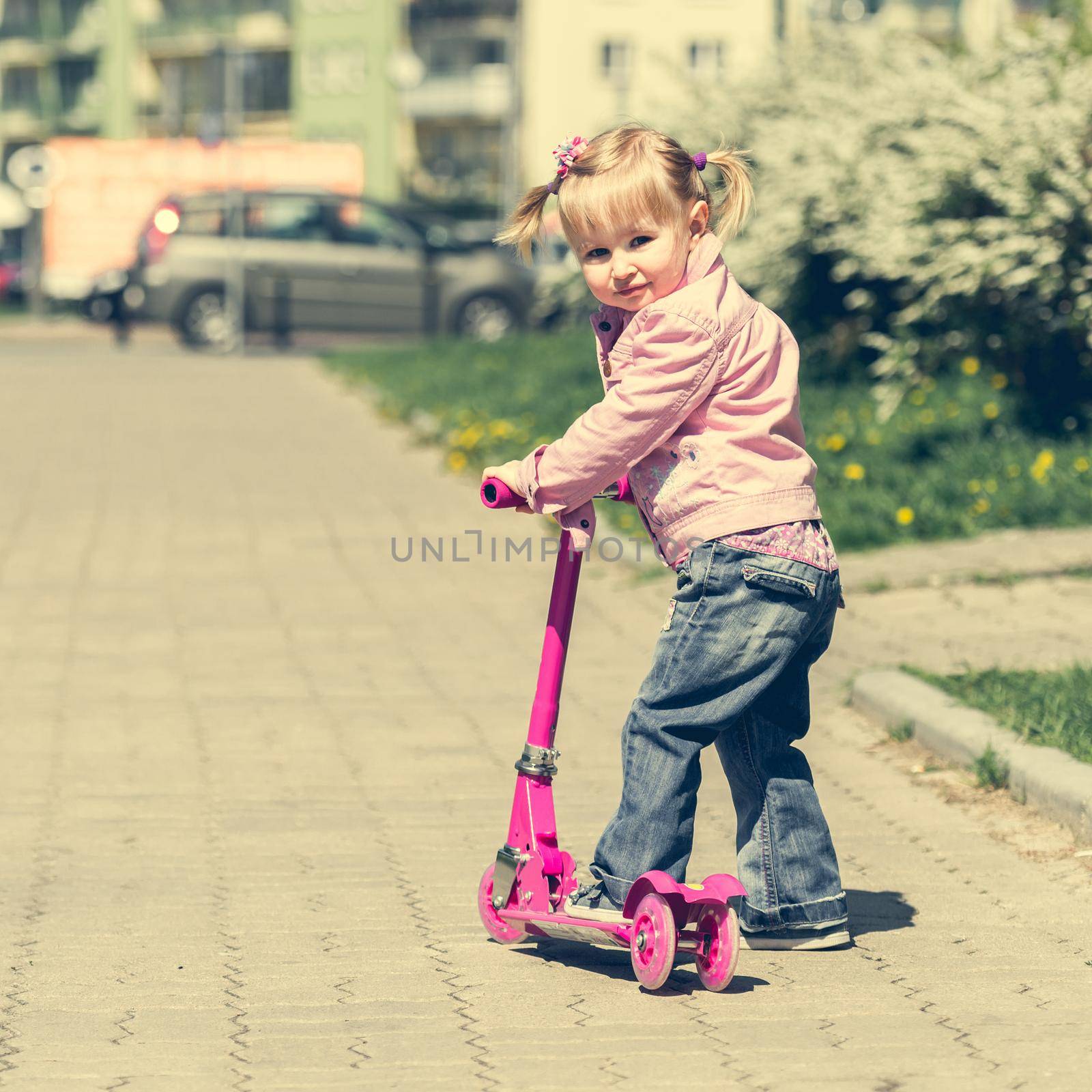 little Two years old girl riding her scooter by tan4ikk1