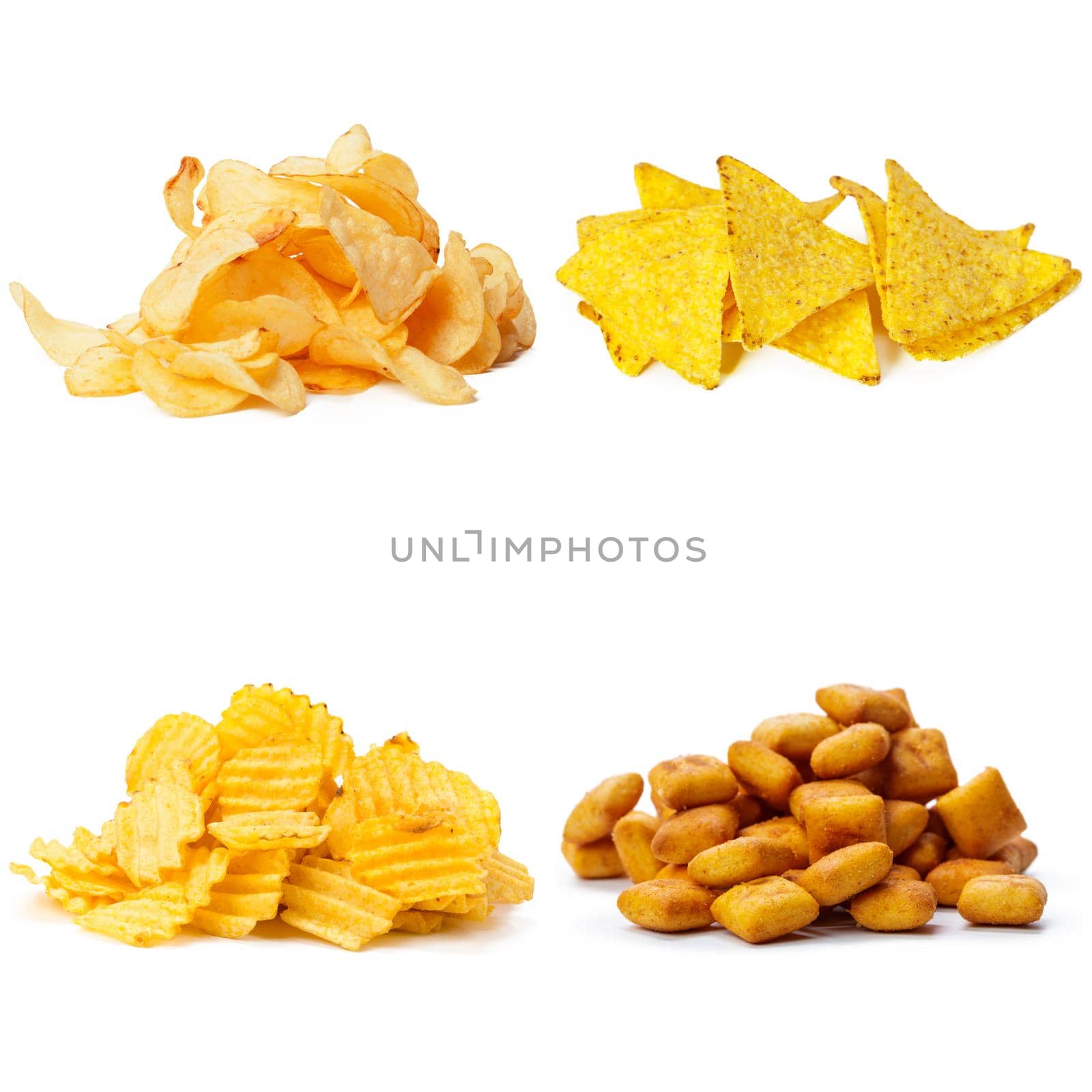 Salty snacks. Pretzels, chips, crackers collage