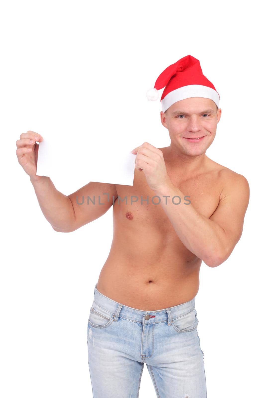 handsome young Christmas guy with the blank sheet of paper