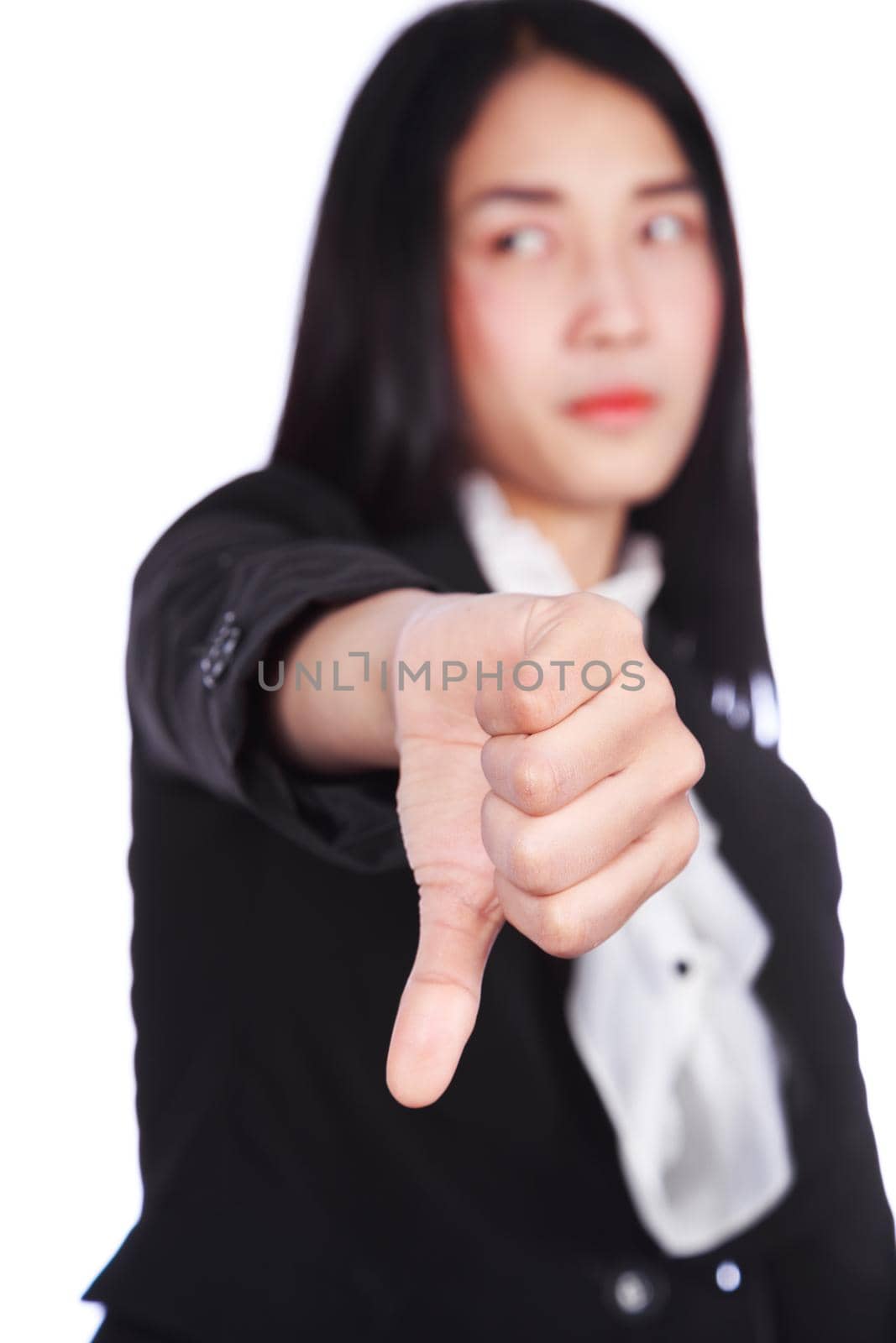 business woman with thumbs down gesture isolated on white background by geargodz