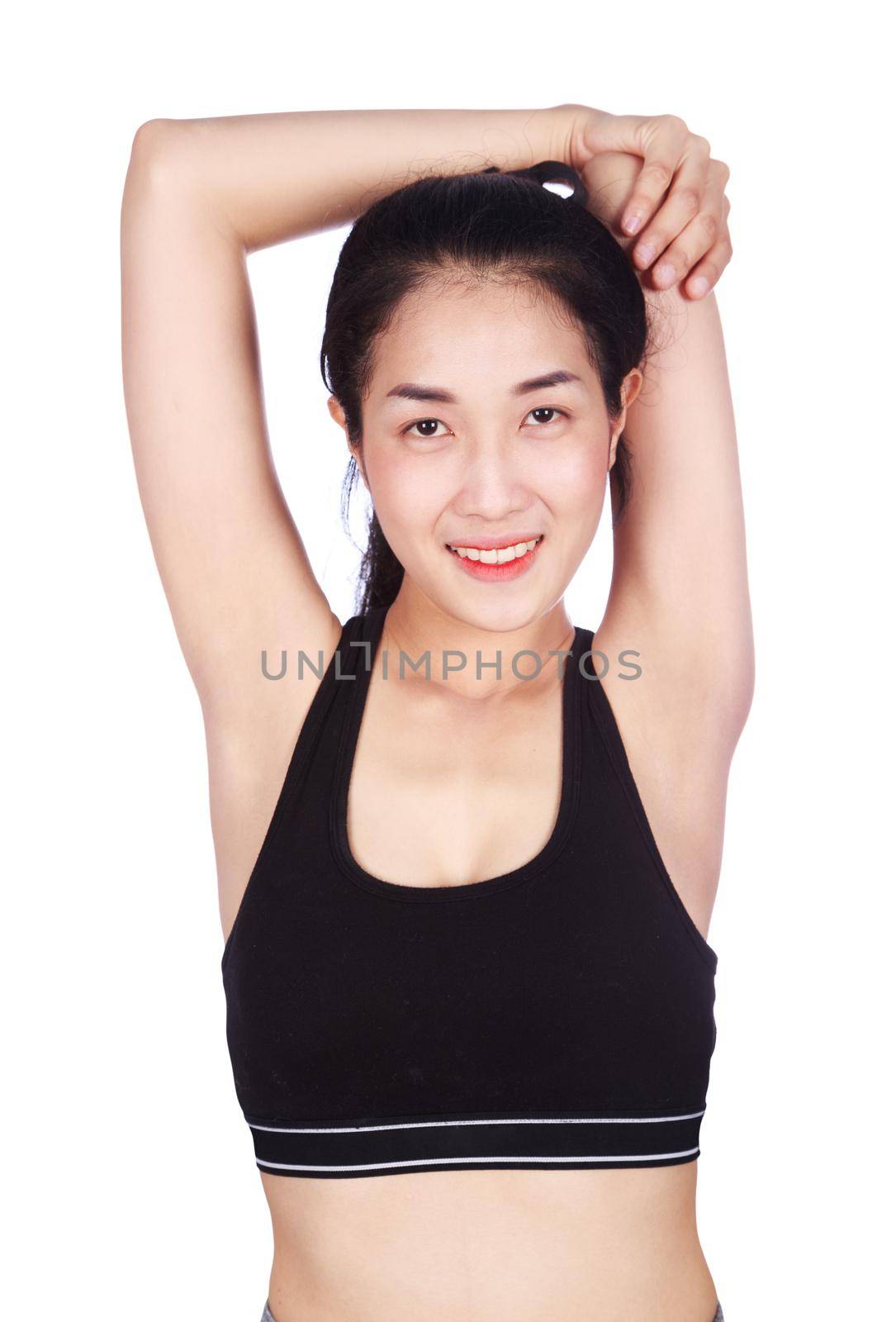 fitness woman stretching the muscles of her arms isolated on white background by geargodz