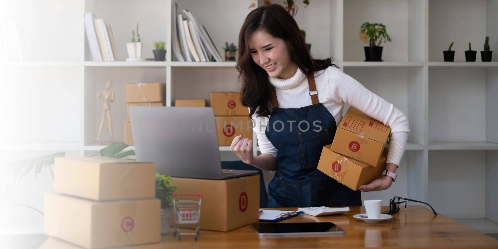 Business owner excite when got an order from her online shop. Successful SME entrepreneur concept. by itchaznong