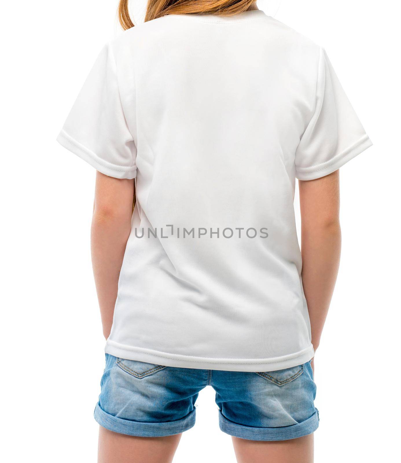 Little girl in white blank t-shirt on white background, back vie by GekaSkr