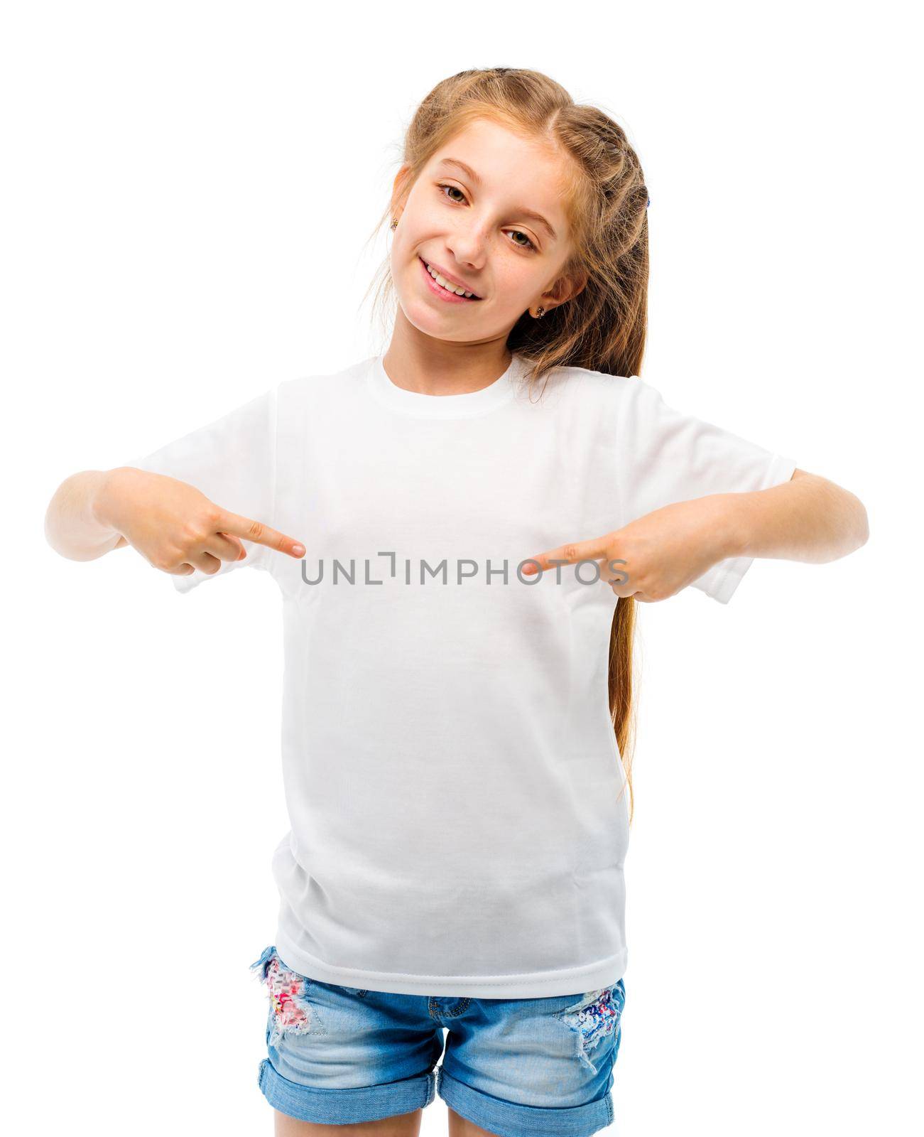 Little girl in casual white T-shirt on white backgtound. by GekaSkr