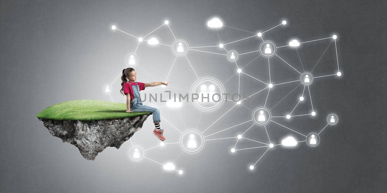 Cute smiling girl on floating island presenting social connection concept