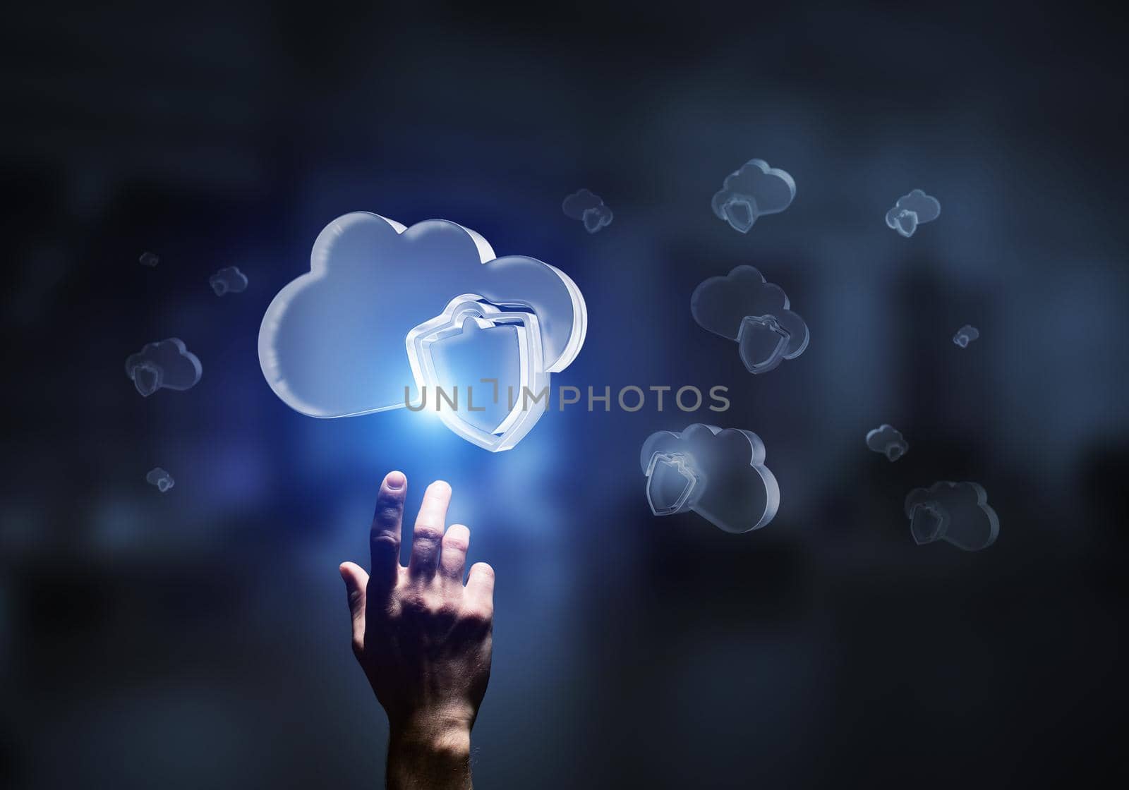 Close of businessman hand touching glass cloud computing concept. Mixed media