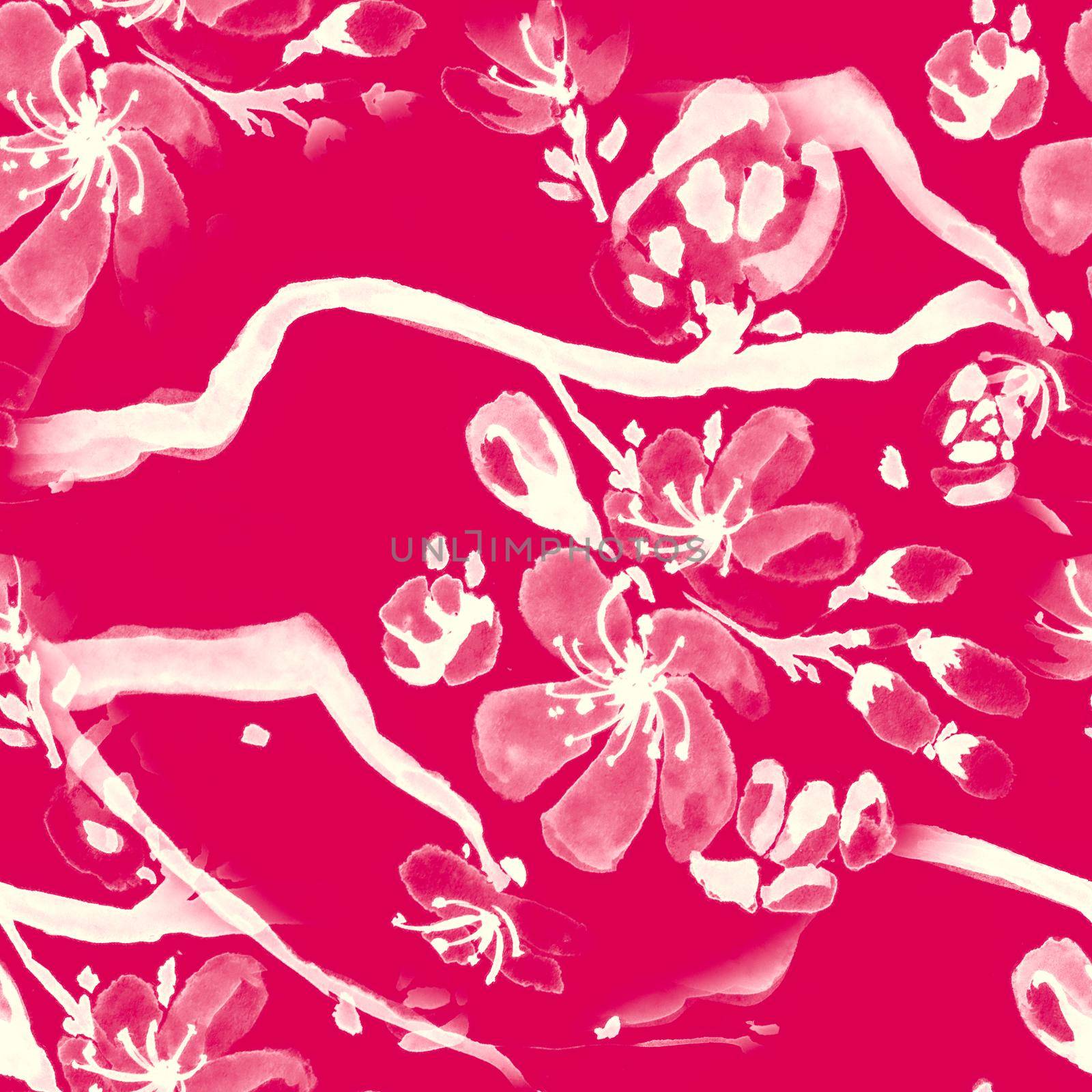 Seamless Pattern Cherry Blossom. Sakura Wallpaper. Red Apple Textile. Pattern Cherry Blossom. Modern Vintage Fabric. Pink Rose Drawing. Japan Petals. Seamless Pattern Cherry Blossom.
