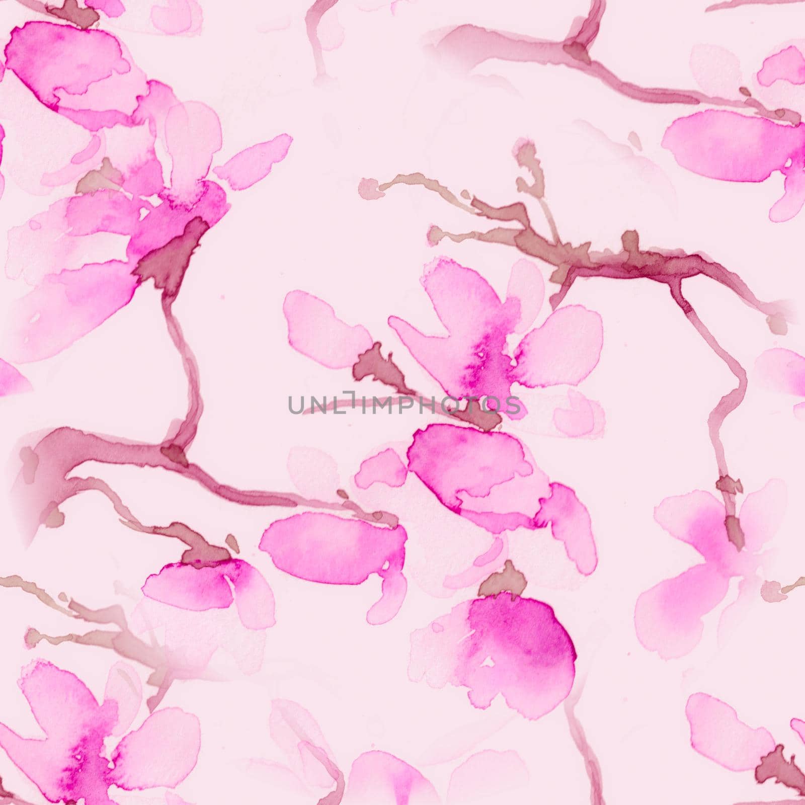 Sakura Watercolor. Pink Cherry Tree. White Artisctic Asian Texture. Seamless Ink Painted Ornament. Sakura Watercolor. White Spring Style. Chinese Apple Background. Pink Sakura Watercolor.