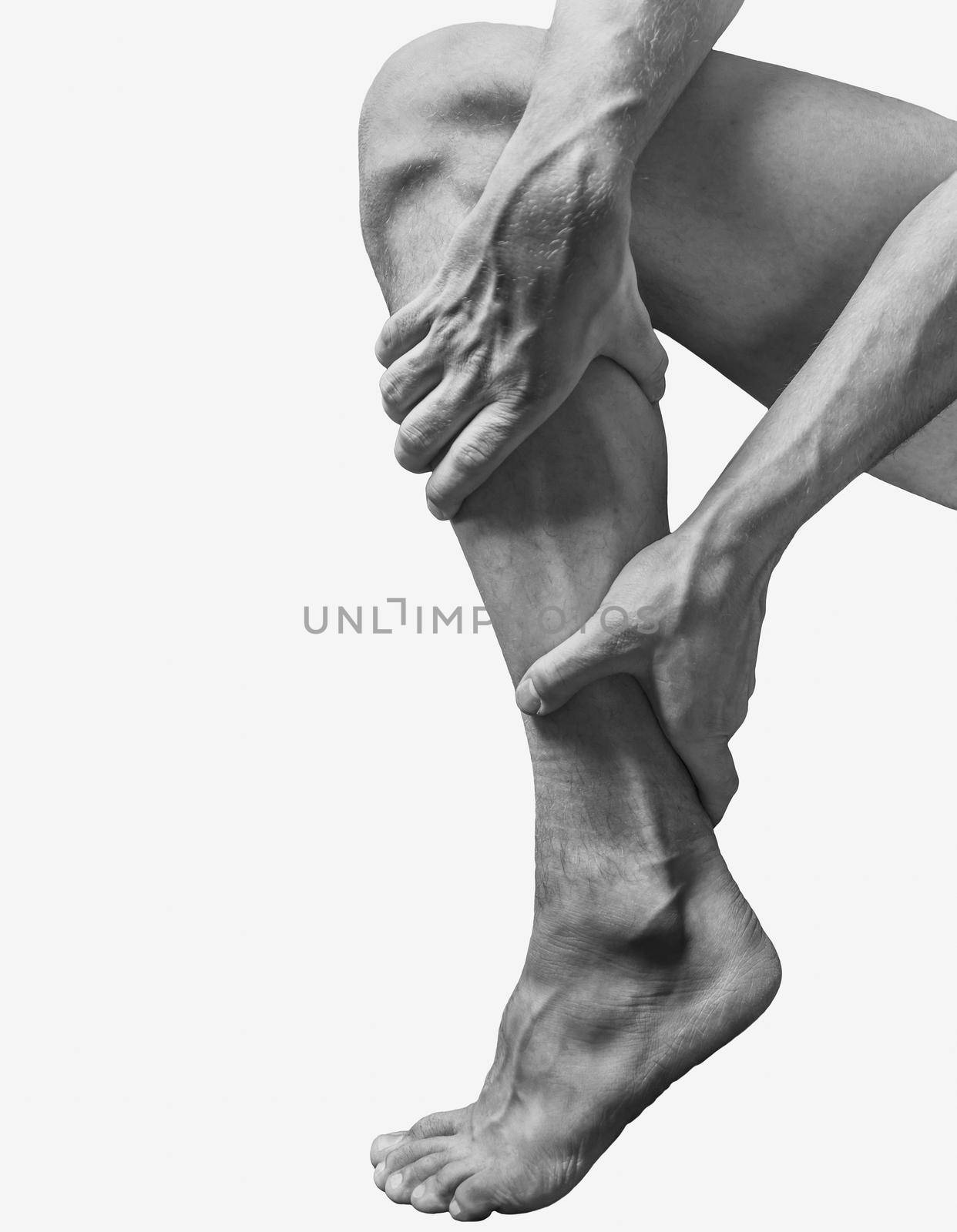 Acute pain in the male calf muscle. Monochrome image, isolated on a white background