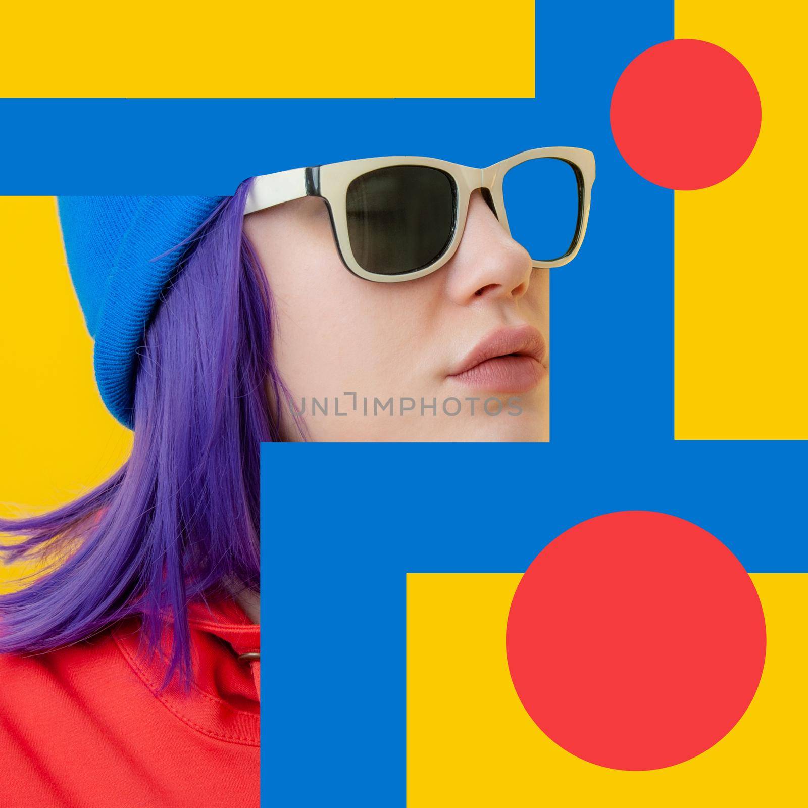 Art collage with close up fashion portrait young beautiful woman. Unusual youth fashion. Creative vogue concept poster in contemporary pop art style. Zine culture. Retro design. Funky minimalism.