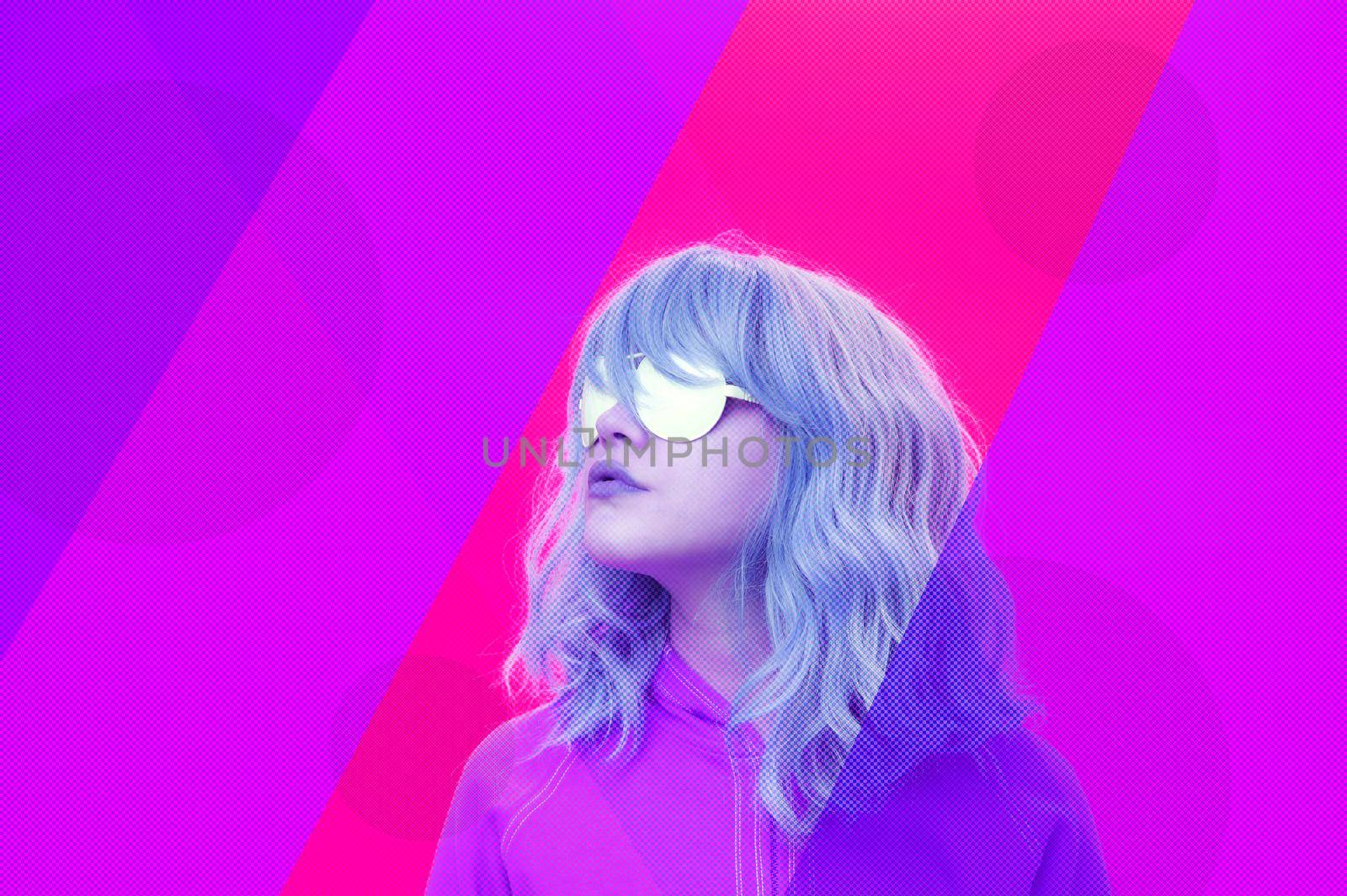 Art collage with alternative funky girl with blue hair on a bright blue purple background. Close up fashion portrait young beautiful woman in glasses. Unusual youth fashion concept. by bashta