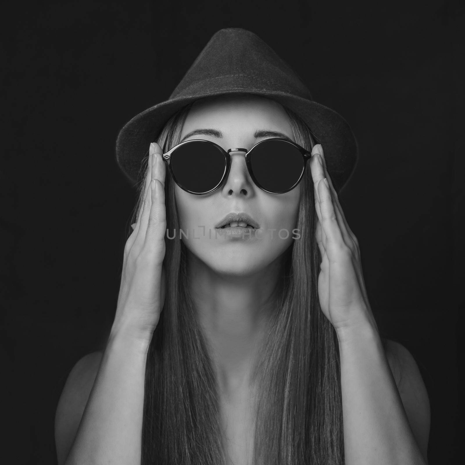 Beautiful girl in round sunglasses by alexAleksei