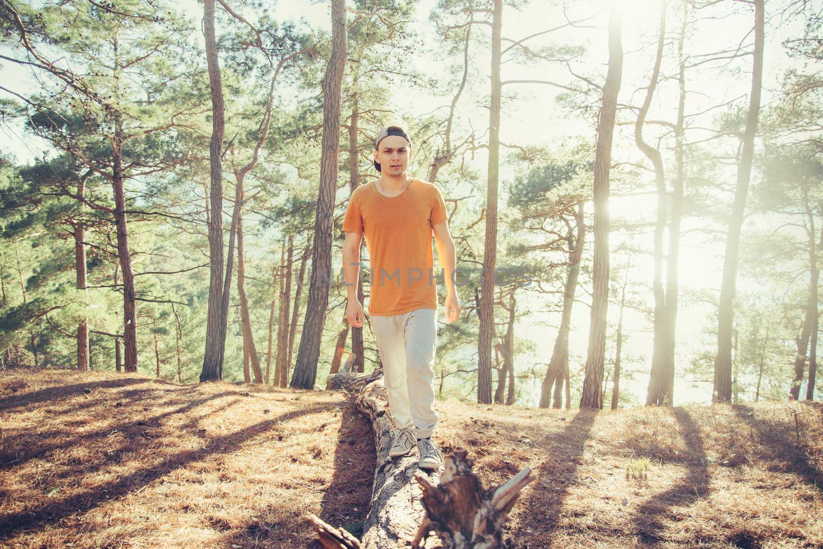 Sporty guy walking on fallen tree trunk in the pine forest