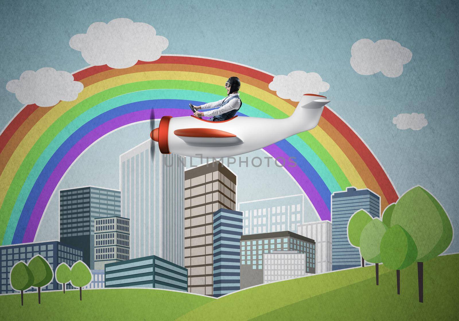 Businessman flying in small propeller plane above metropolis. Aviator driving retro airplane on background of city. Cityscape with high skyscrapers and colorful rainbow. Flying dreams concept